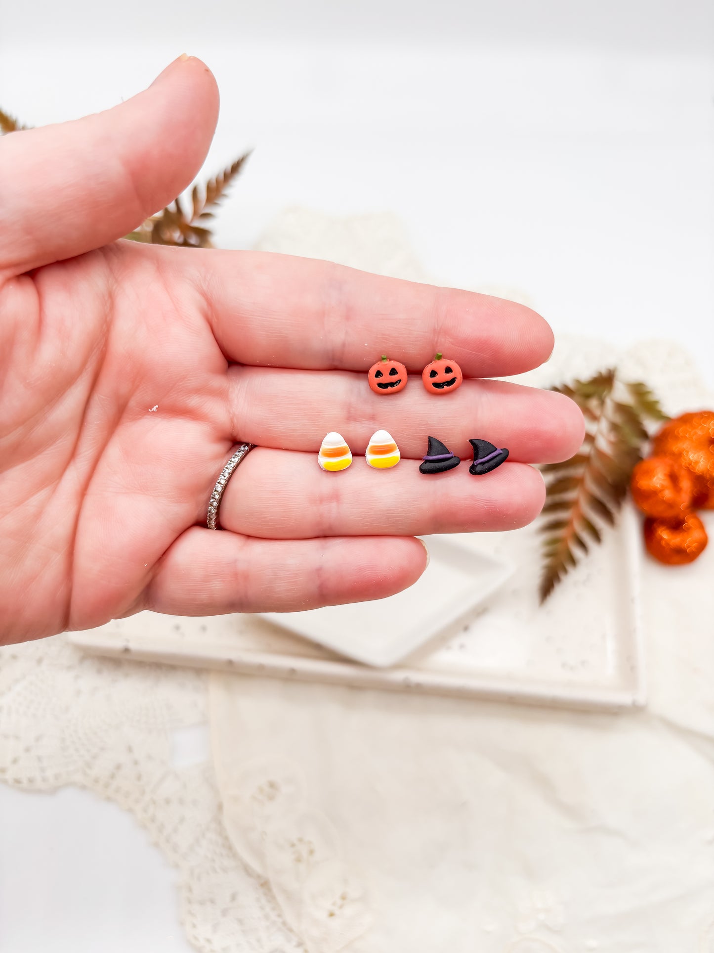 Candy corn, witch hat, and jack-o-lantern tiny stud pack
