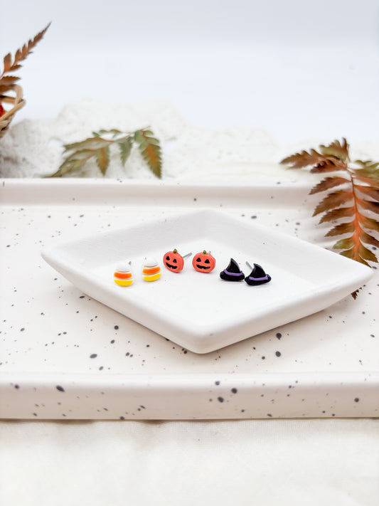 Candy corn, witch hat, and jack-o-lantern tiny stud pack