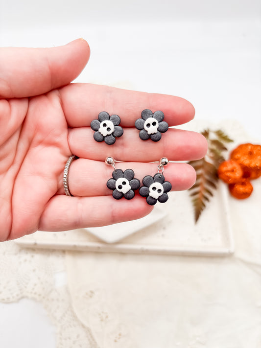 Skull flower earrings in studs and dangles