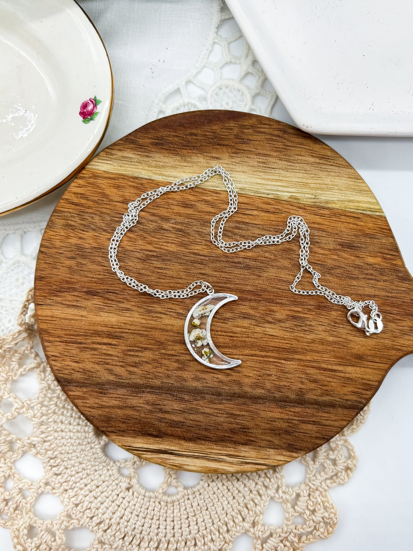 Delicate Moon Necklace with Real Pressed Flowers