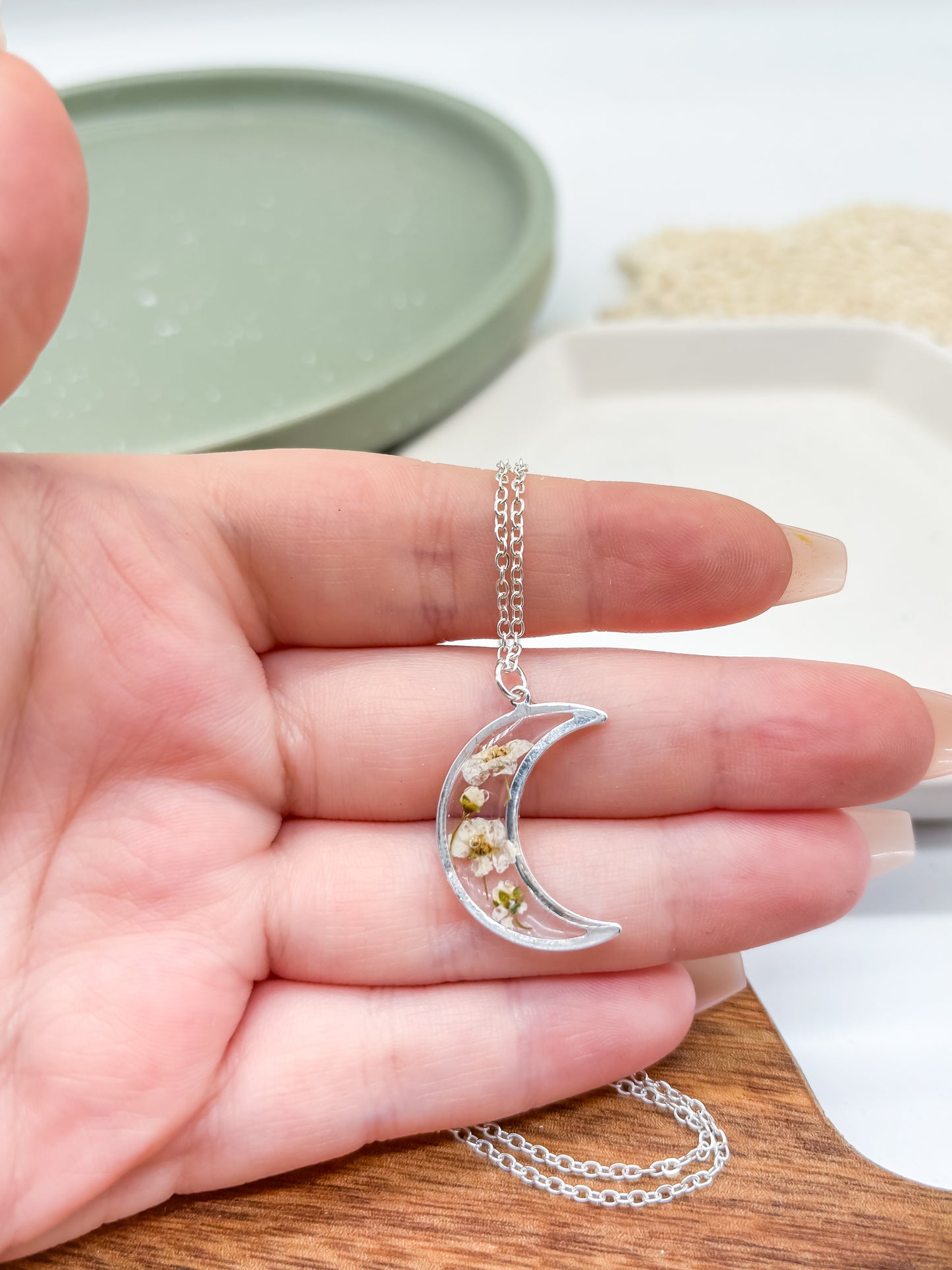 Delicate Moon Necklace with Real Pressed Flowers