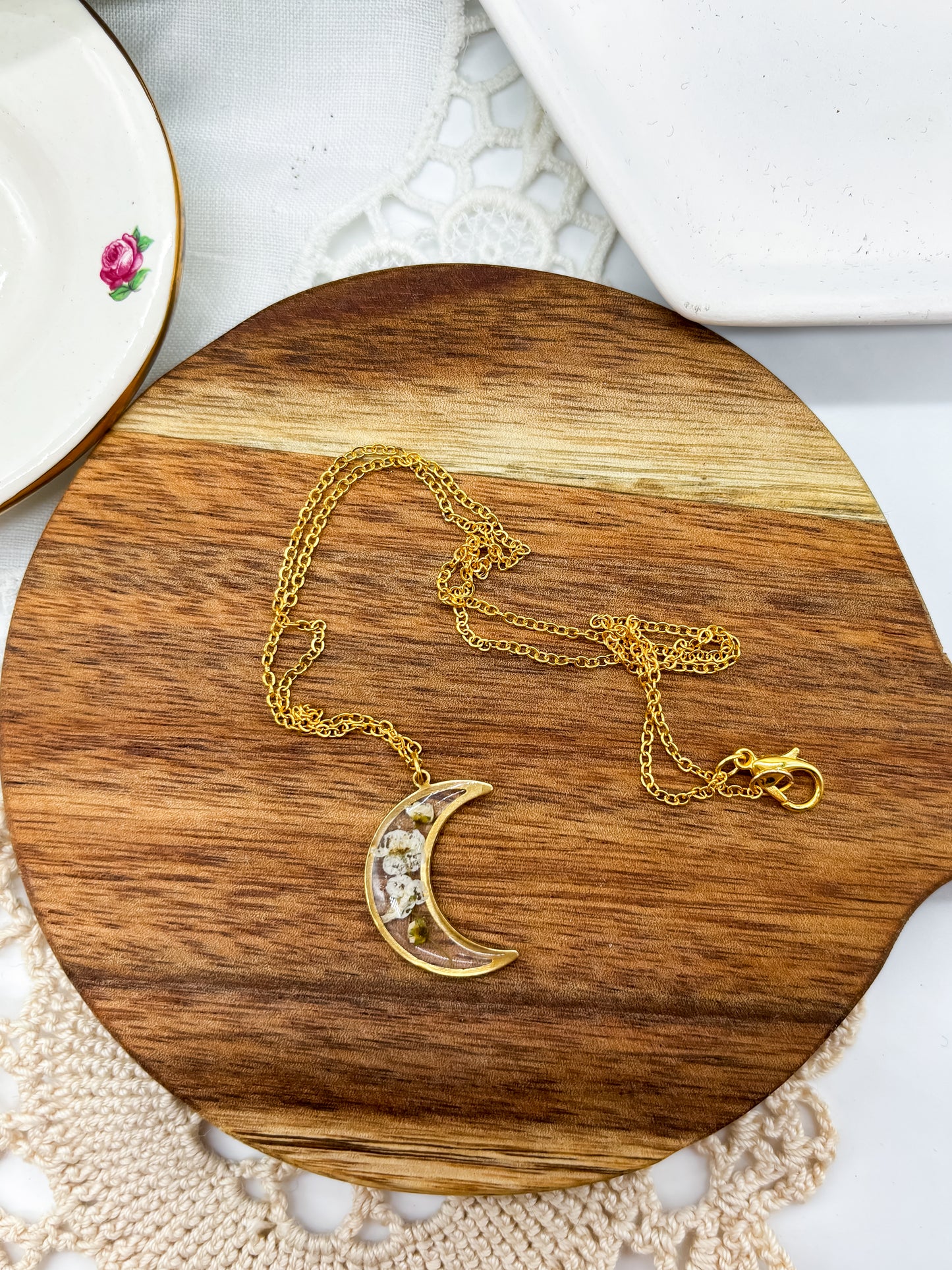 Delicate Moon Necklace with Real Pressed Flowers