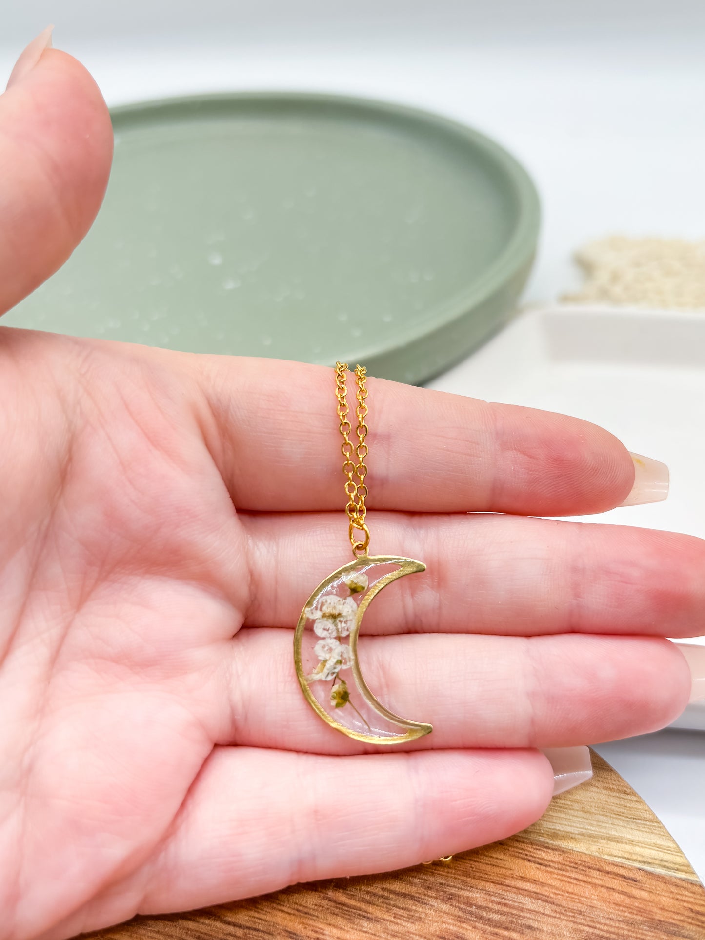 Delicate Moon Necklace with Real Pressed Flowers