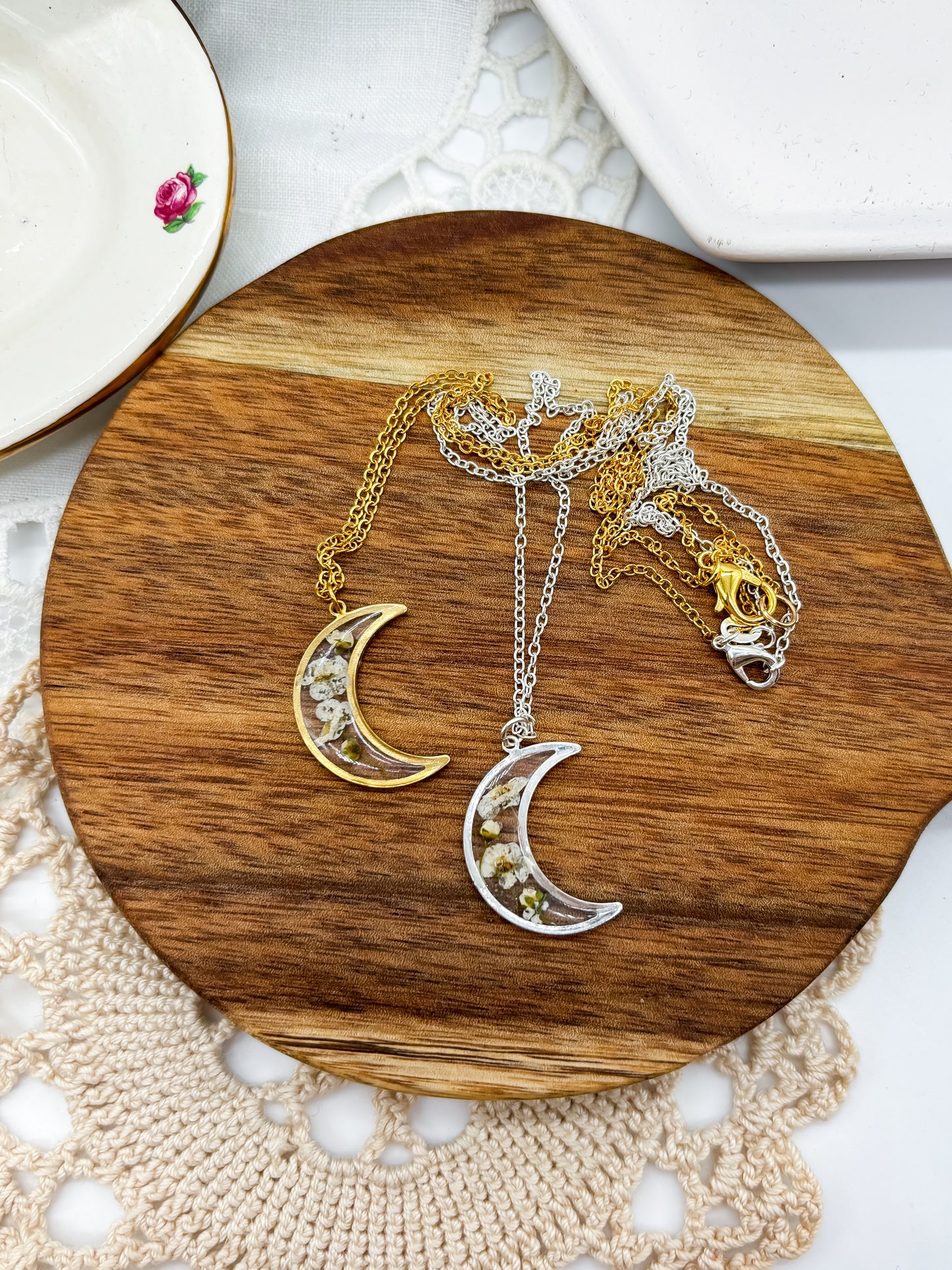 Delicate Moon Necklace with Real Pressed Flowers