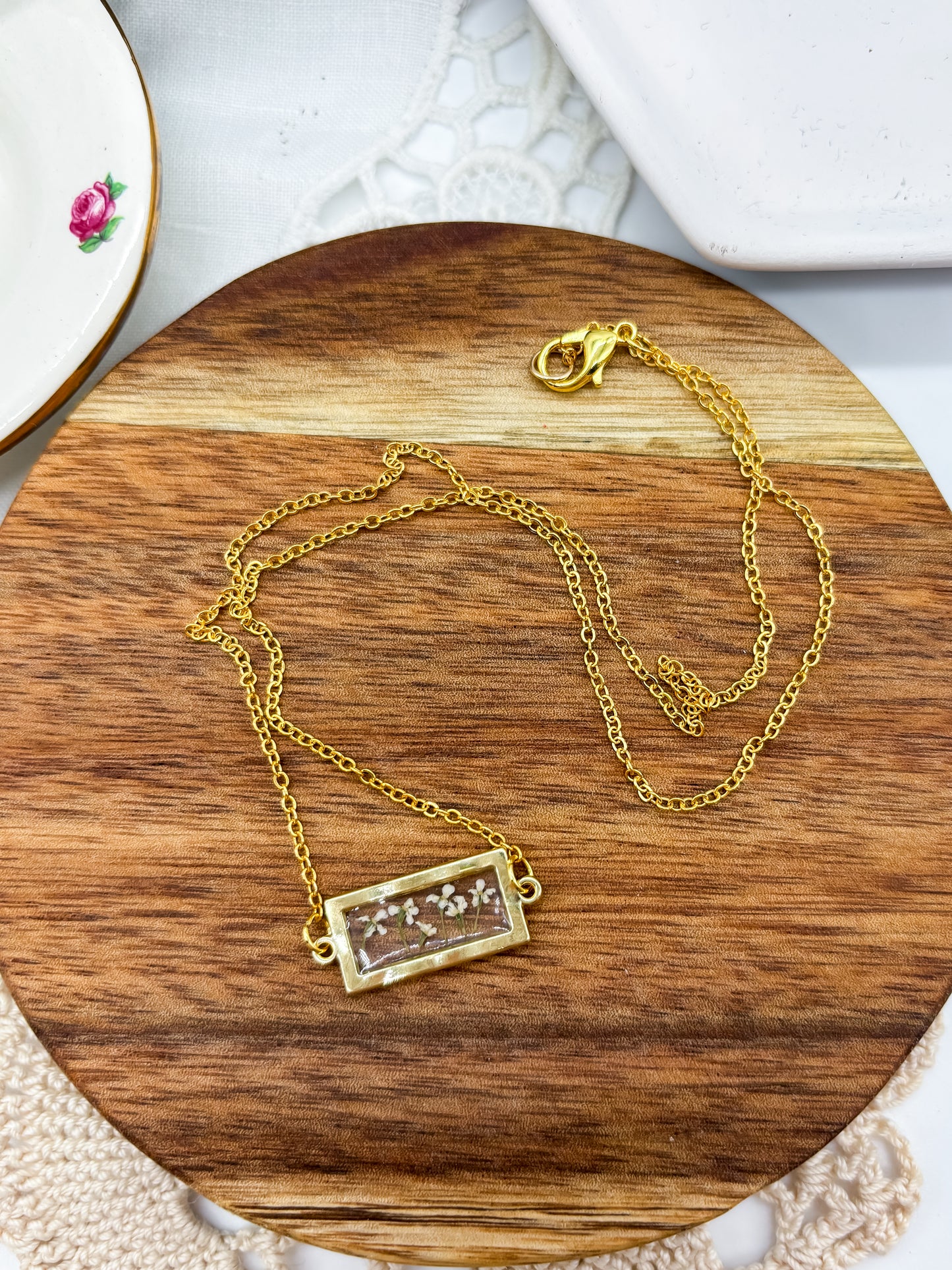 Rectangle Necklace with Tiny Pressed Flowers