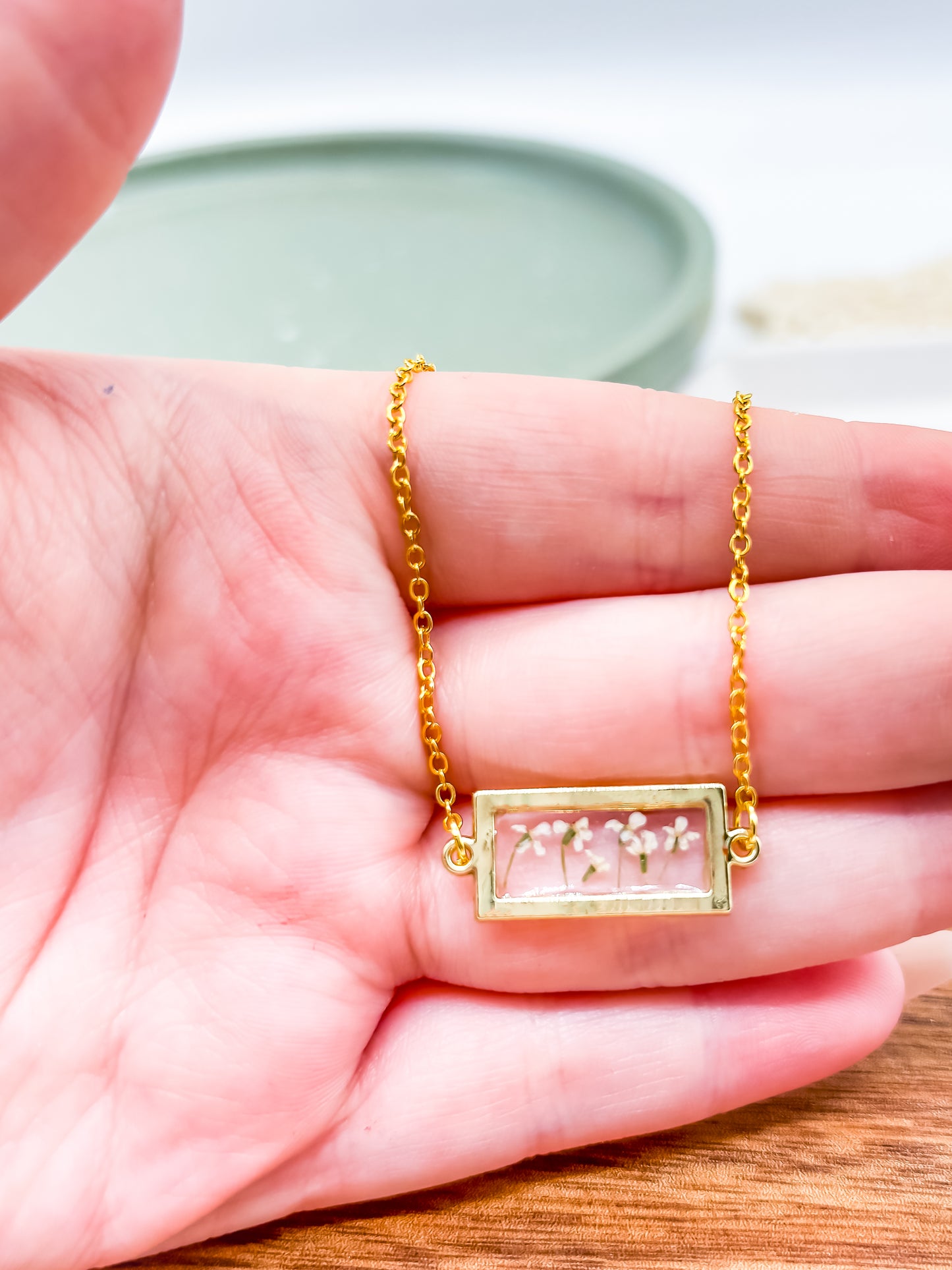 Rectangle Necklace with Tiny Pressed Flowers