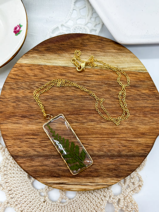 Rectangle Pendant necklace with Fern Leaf