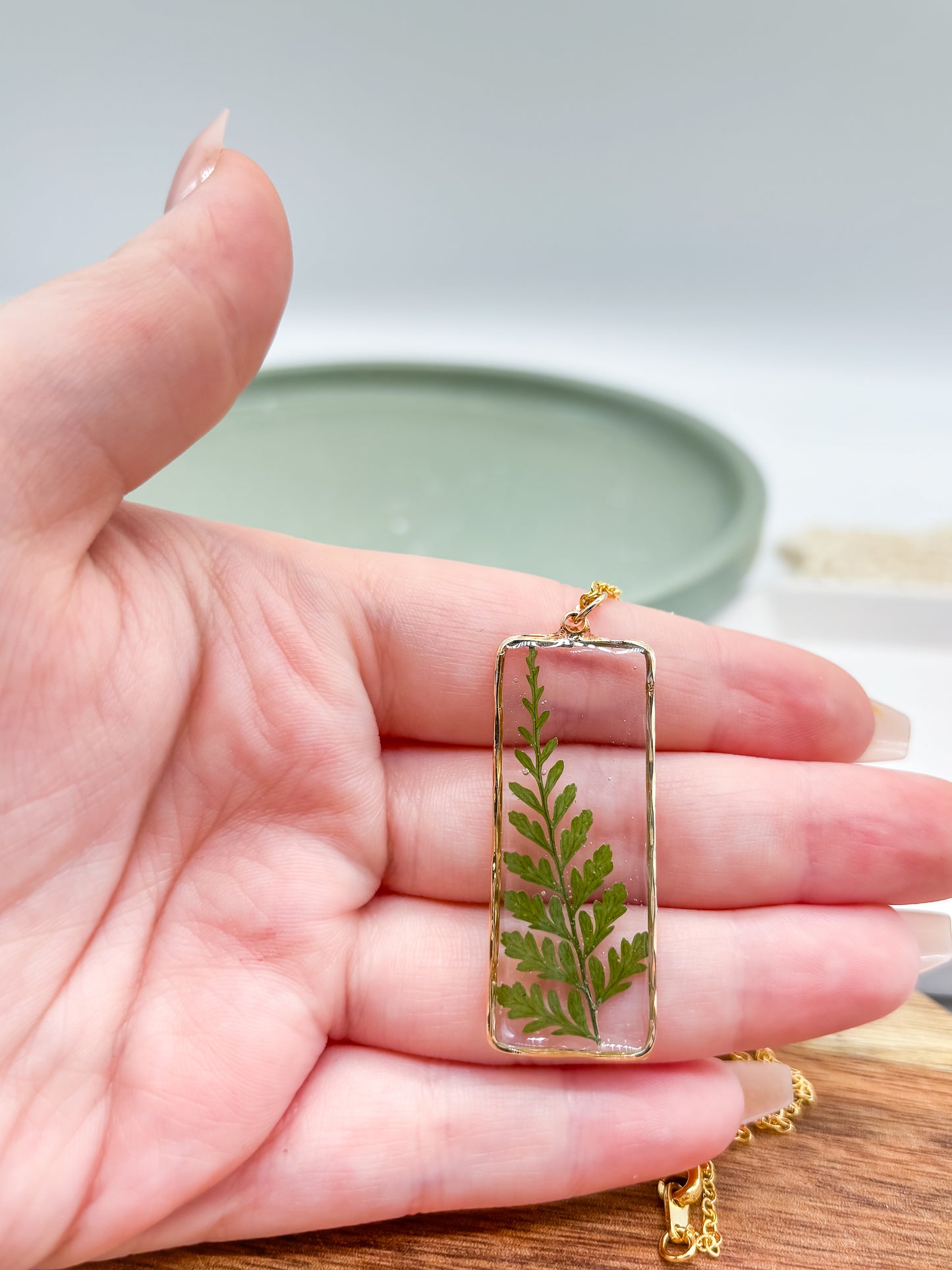 Rectangle Pendant necklace with Fern Leaf