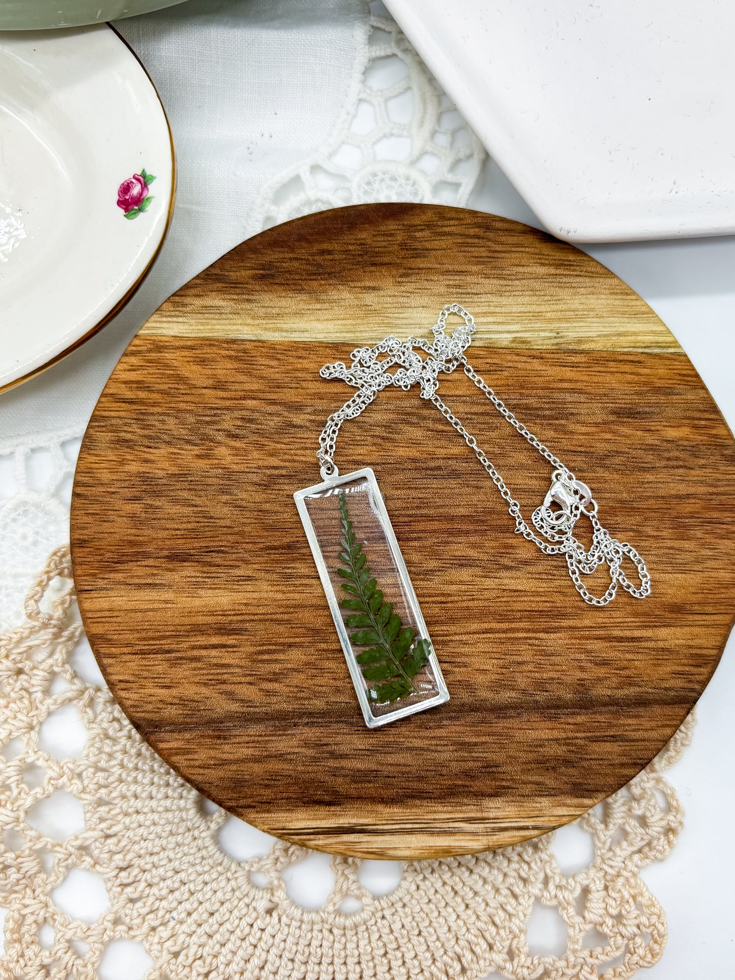 Rectangle Pendant necklace with Fern Leaf