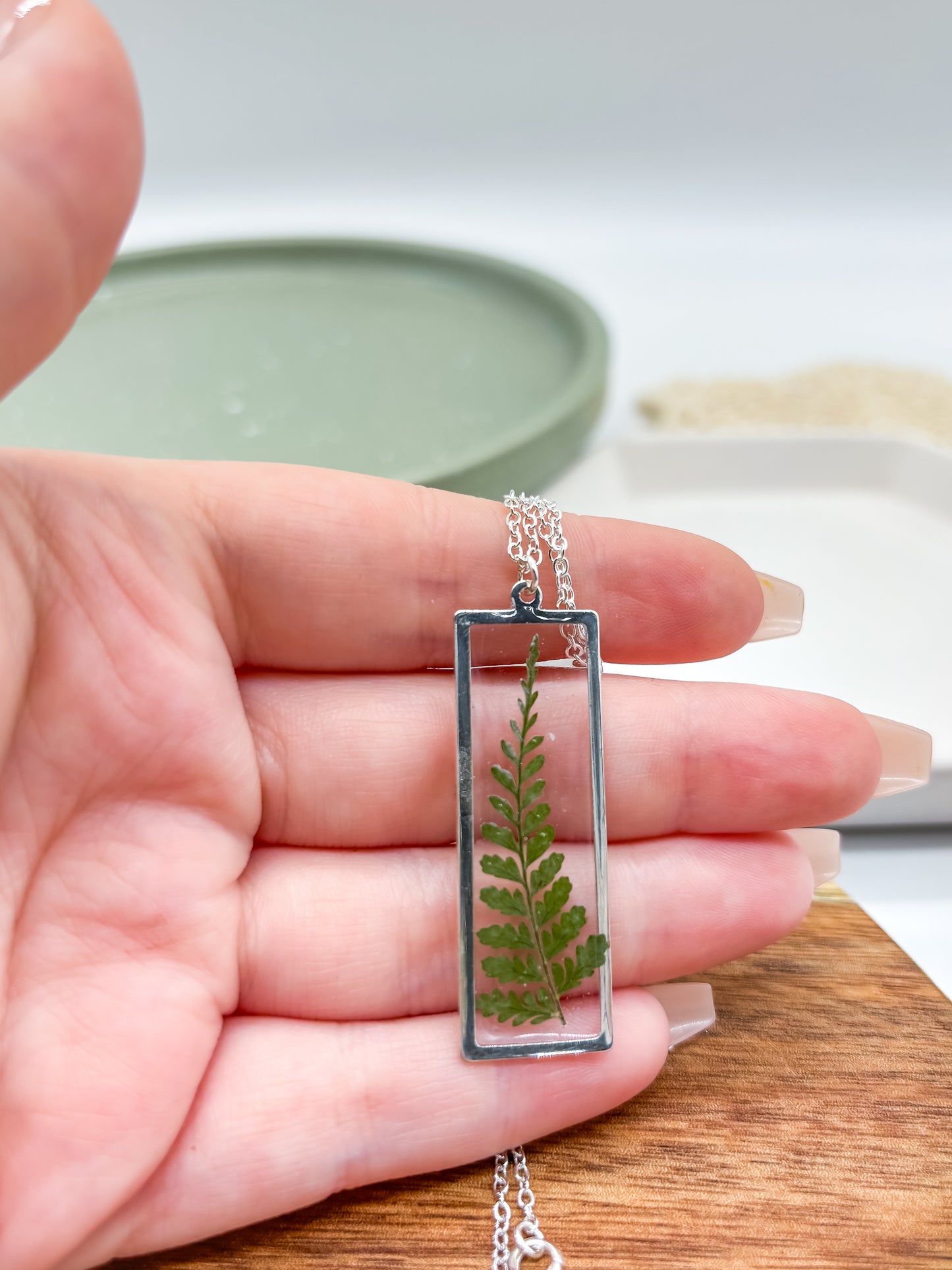 Rectangle Pendant necklace with Fern Leaf