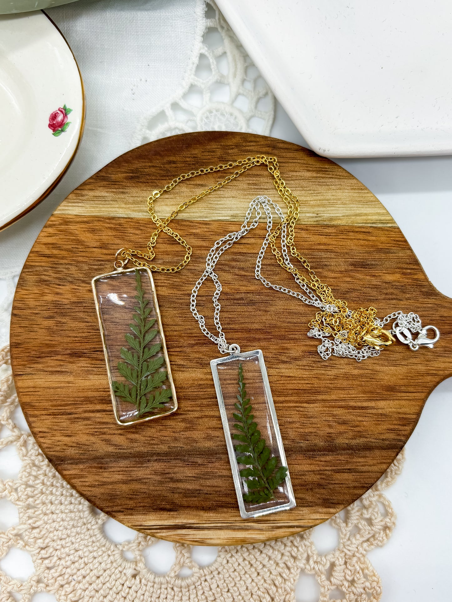 Rectangle Pendant necklace with Fern Leaf