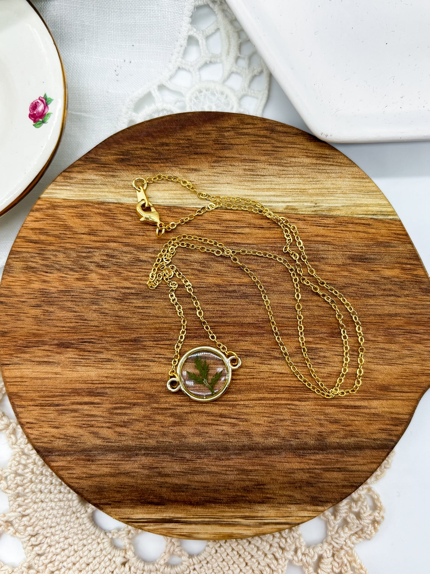 Gold Plated Necklace with Round Pendant with Greenery