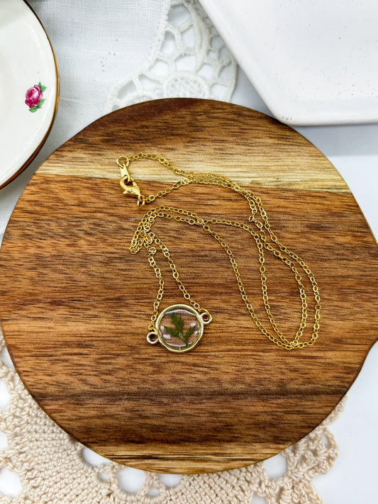 Gold Plated Necklace with Round Pendant with Greenery