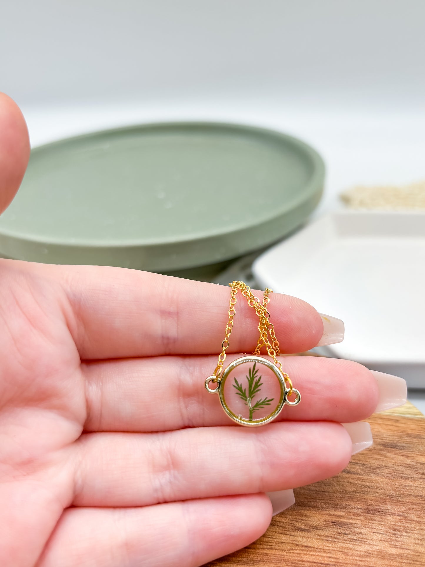 Gold Plated Necklace with Round Pendant with Greenery