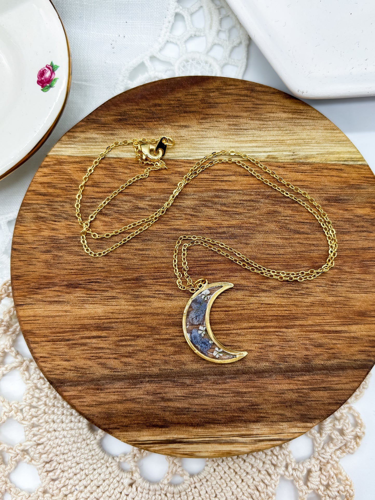 Delicate Moon Necklace with Blue Pressed flowers