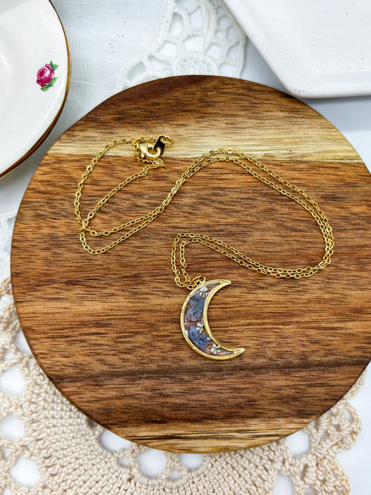 Delicate Moon Necklace with Blue Pressed flowers