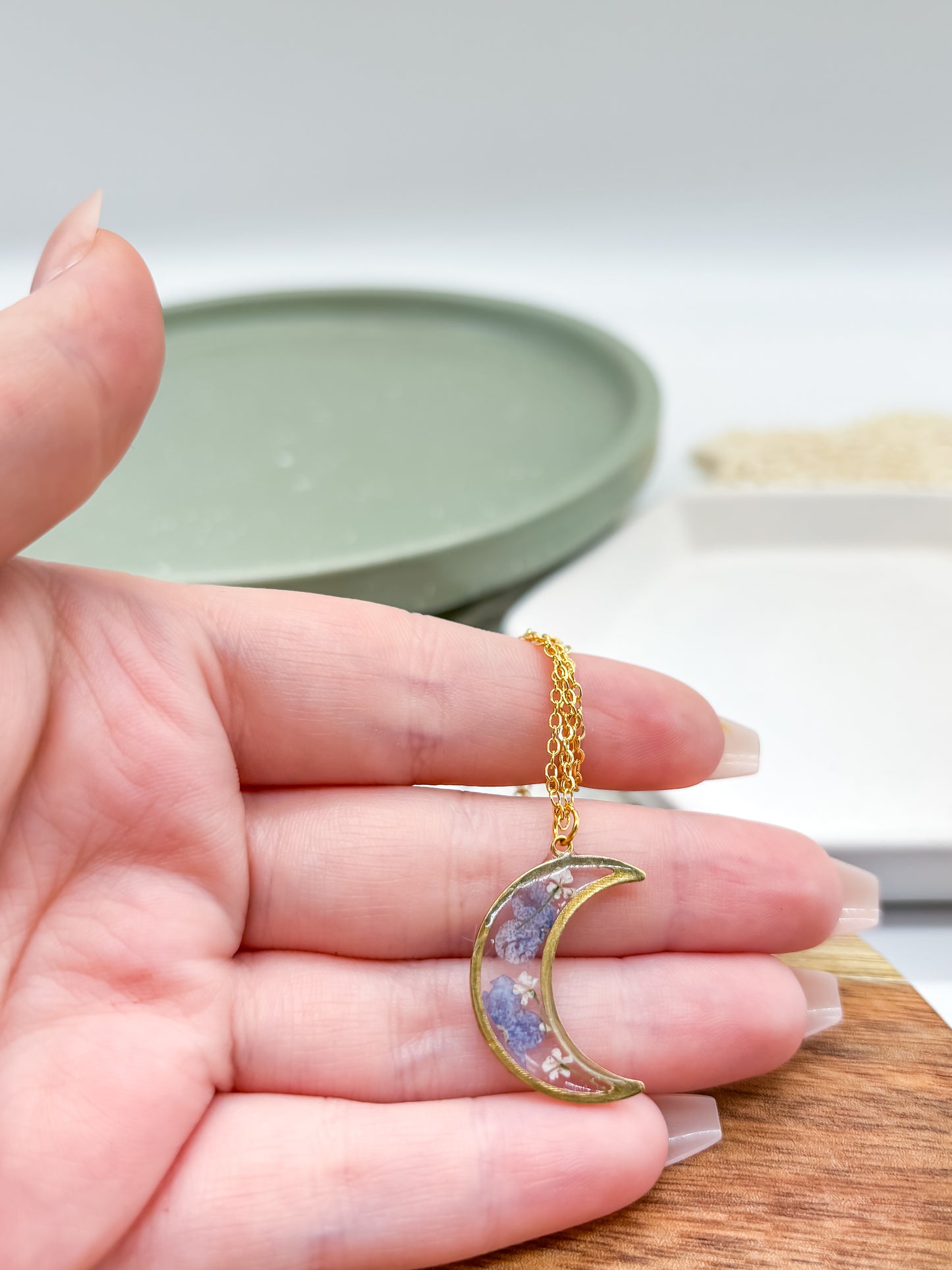Delicate Moon Necklace with Blue Pressed flowers