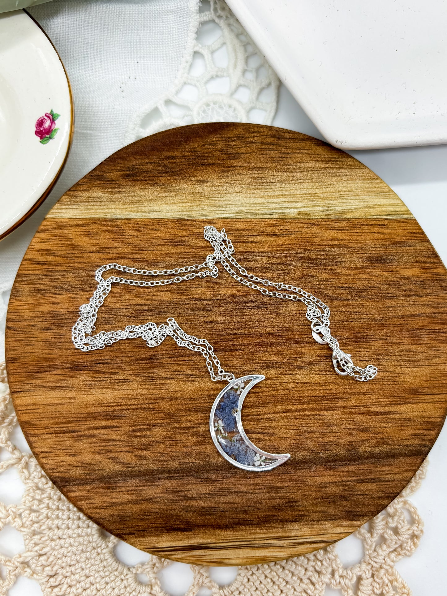 Delicate Moon Necklace with Blue Pressed flowers