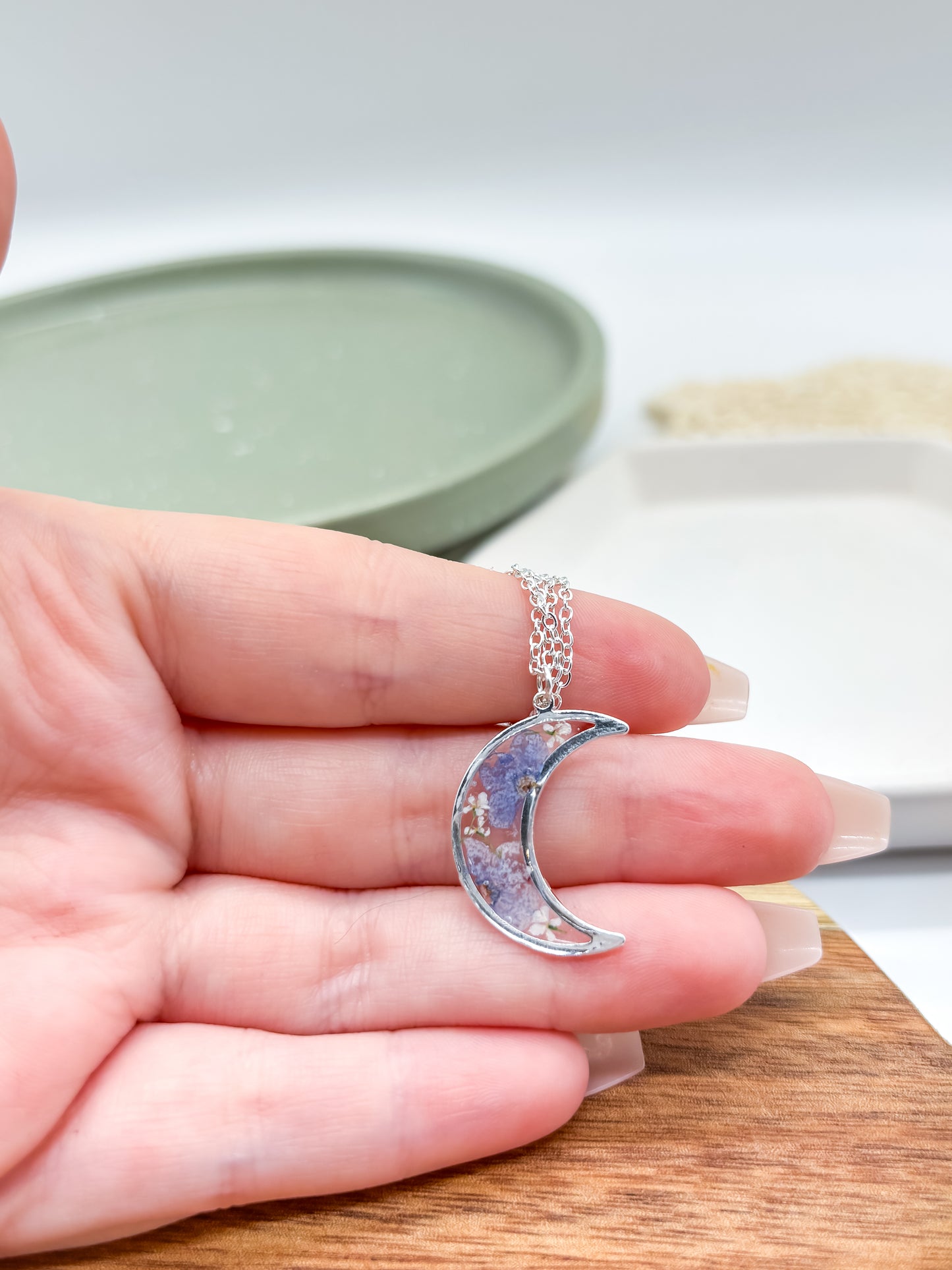 Delicate Moon Necklace with Blue Pressed flowers