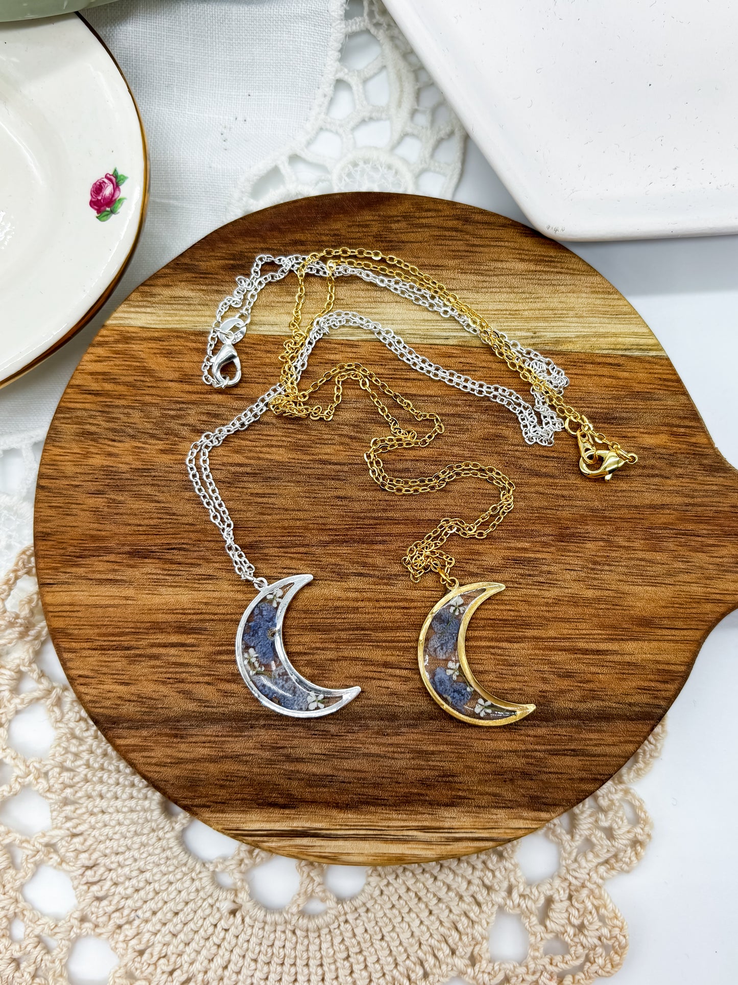 Delicate Moon Necklace with Blue Pressed flowers