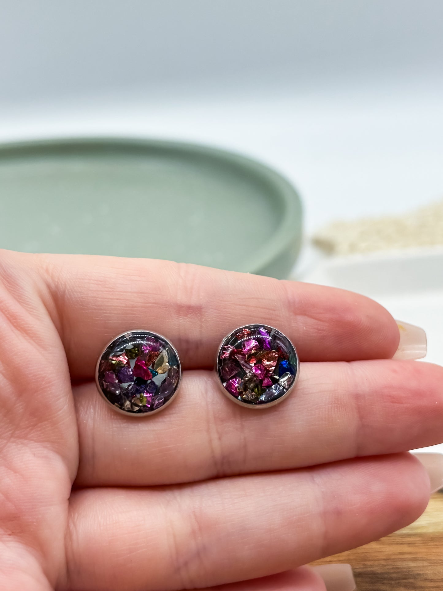 Rainbow crushed glass button studs