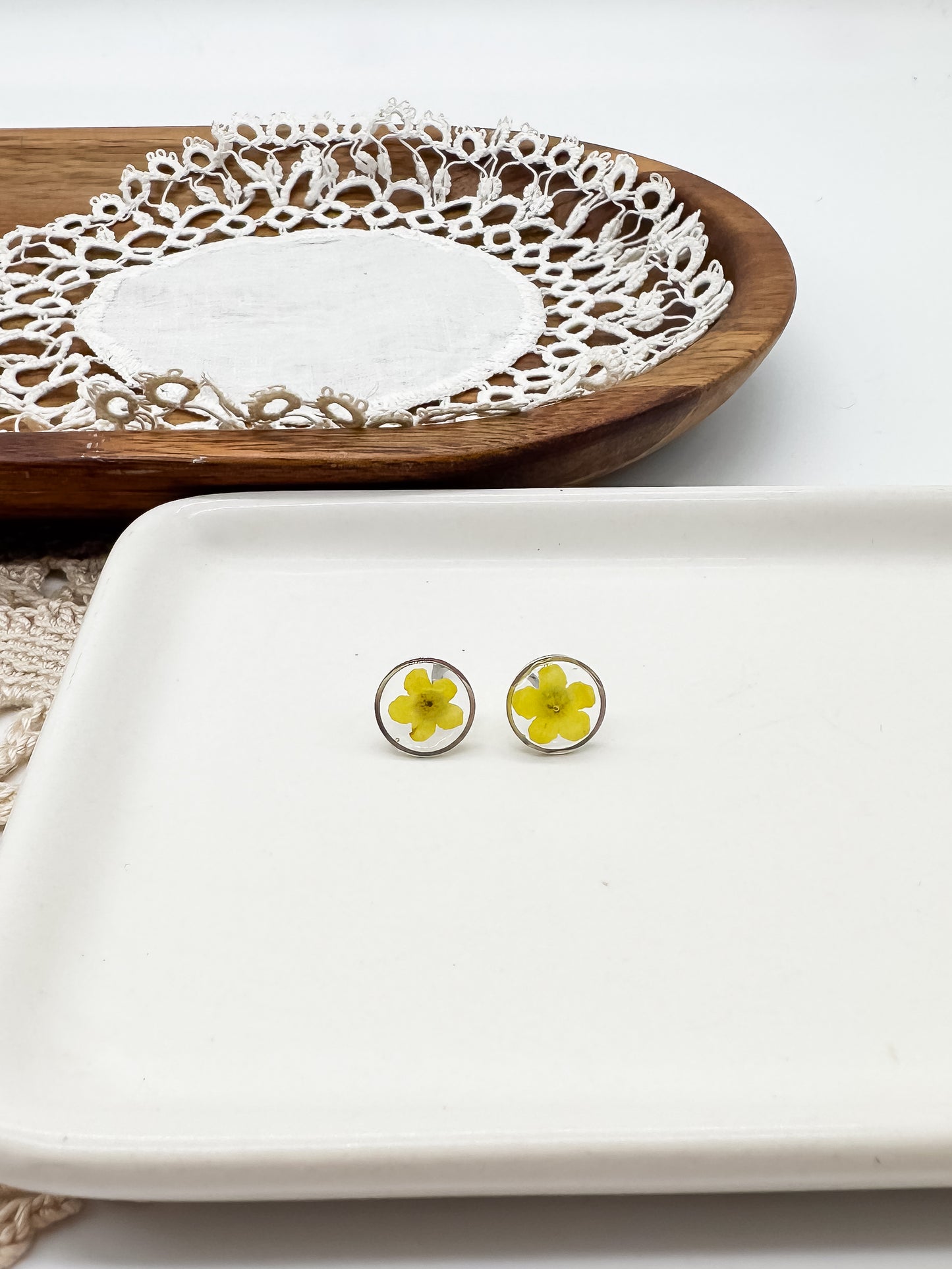 Yellow pressed flower stud earrings