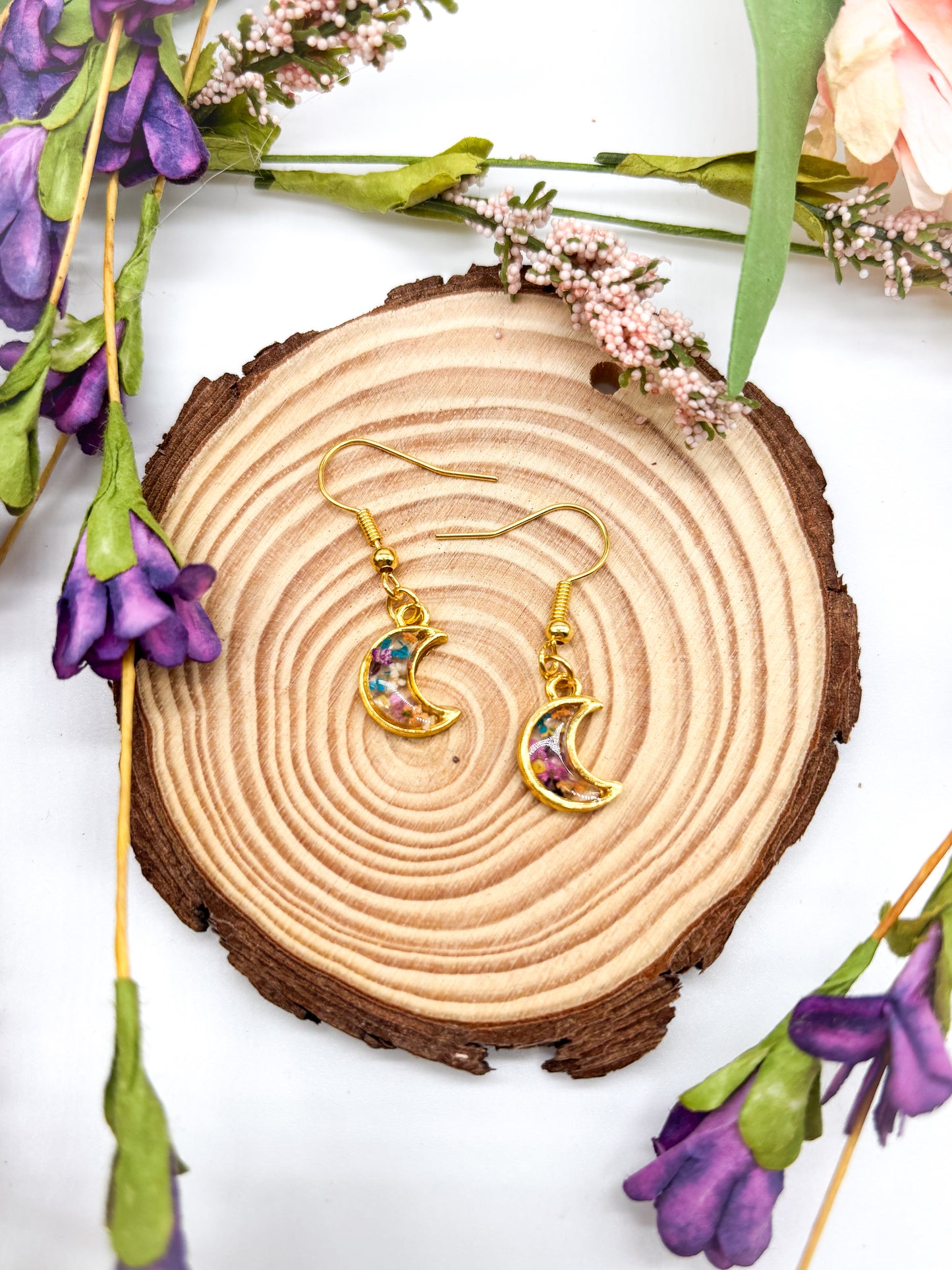 Tiny gold moon dangle earrings with flowers
