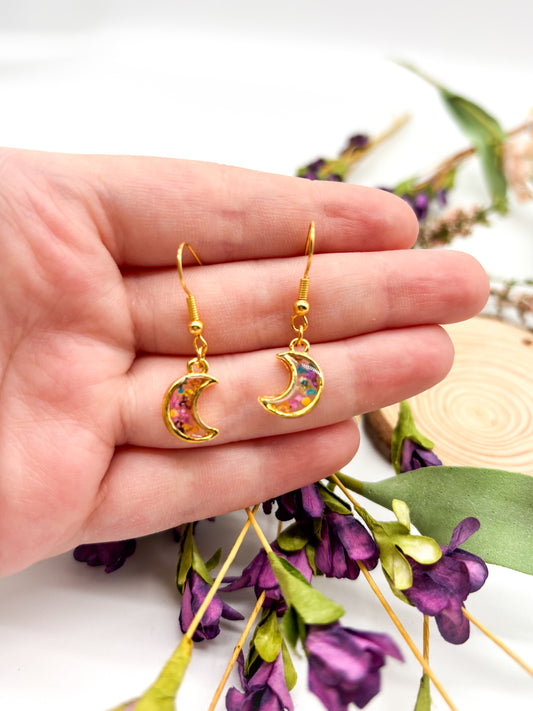 Tiny gold moon dangle earrings with flowers