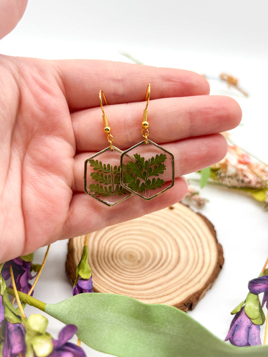 Hexagon dangle earrings with ferns in gold or silver