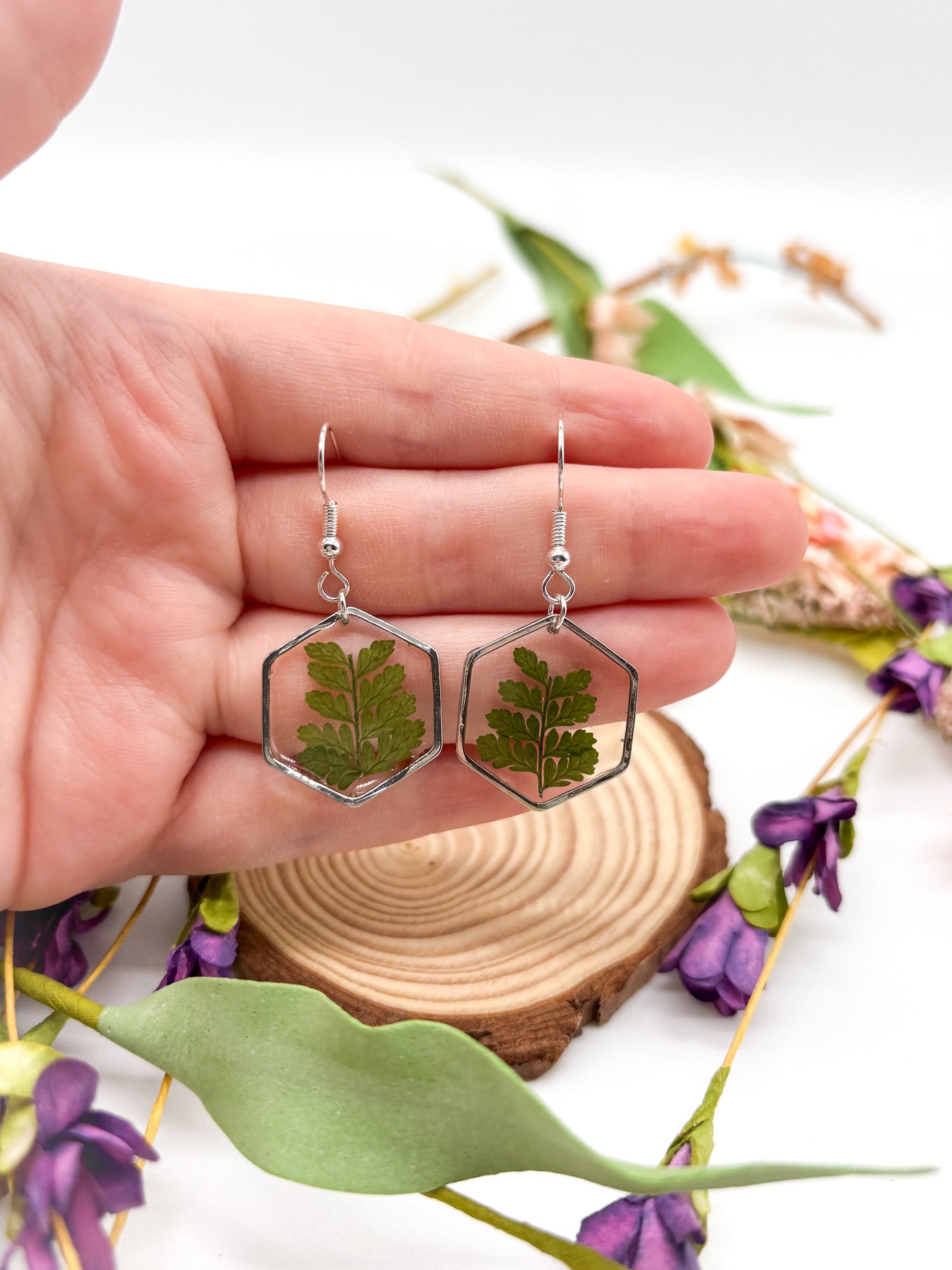 Hexagon dangle earrings with ferns in gold or silver