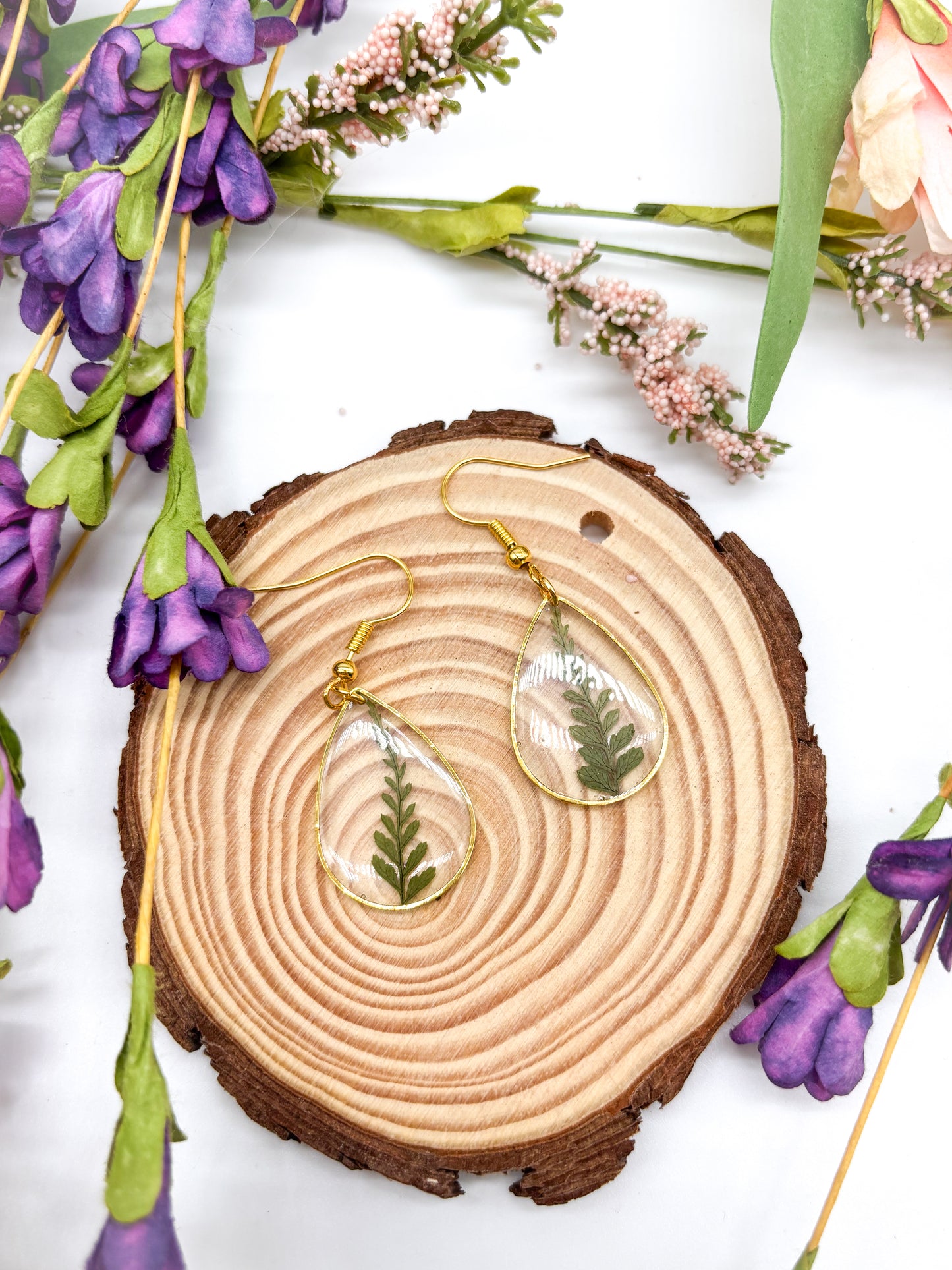 Teardrop dangle earrings with ferns in gold or silver