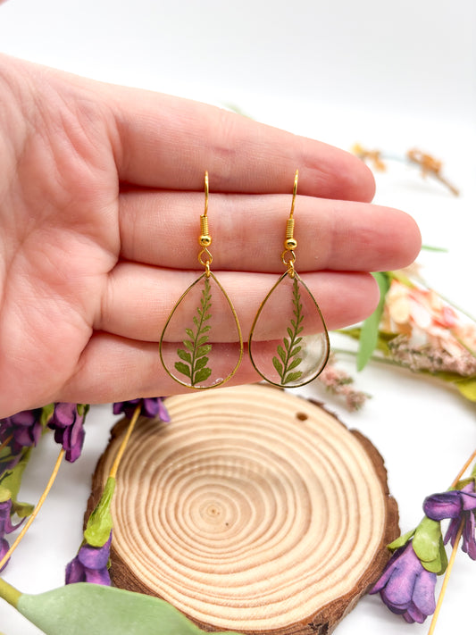Teardrop dangle earrings with ferns in gold or silver