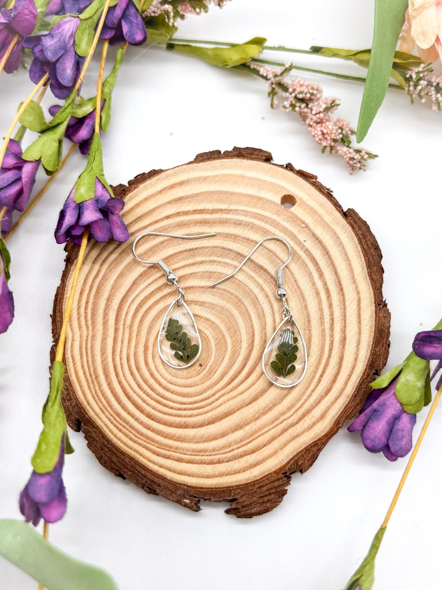 Small teardrop dangles with ferns in gold or silver