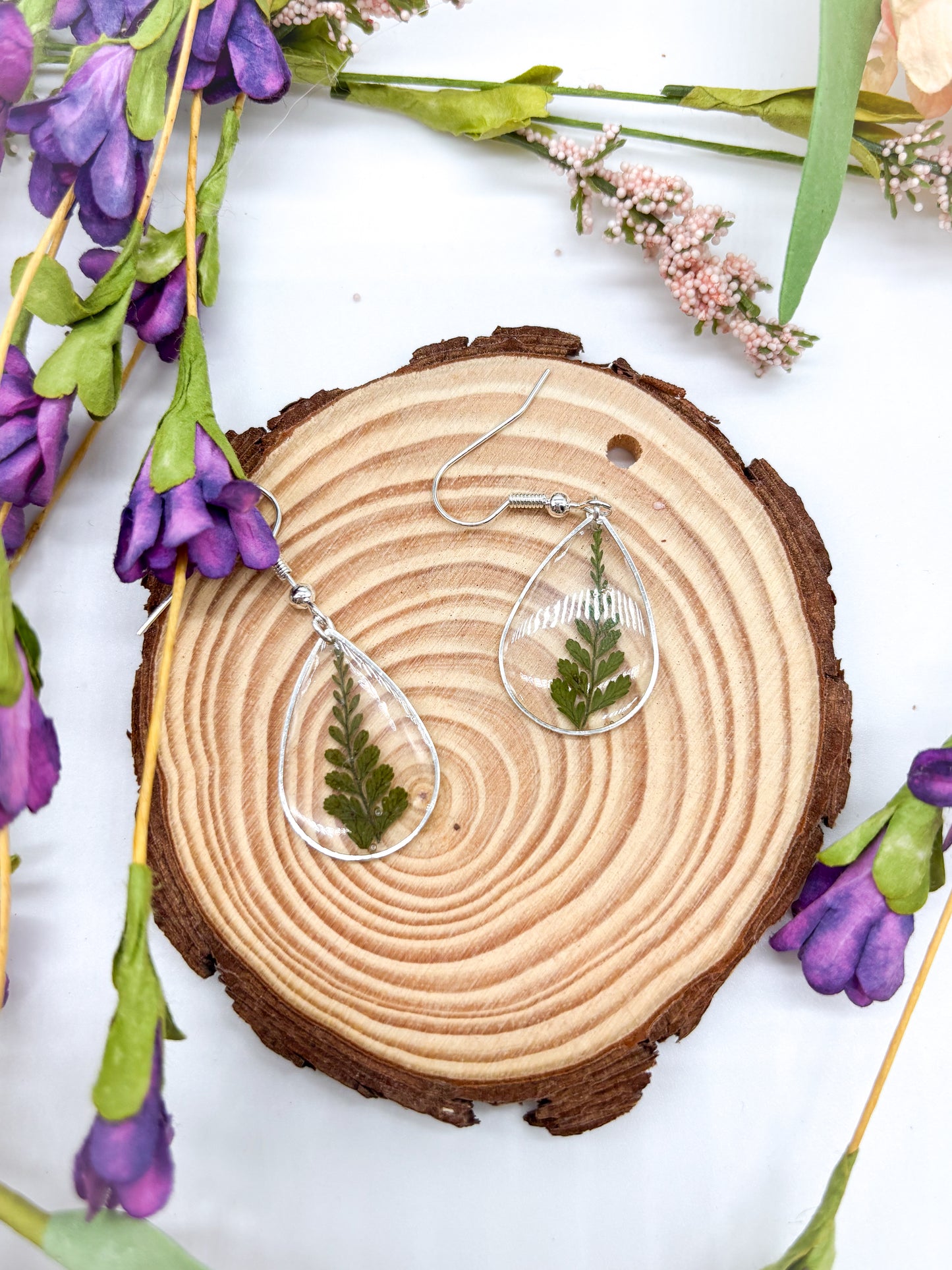 Teardrop dangle earrings with ferns in gold or silver