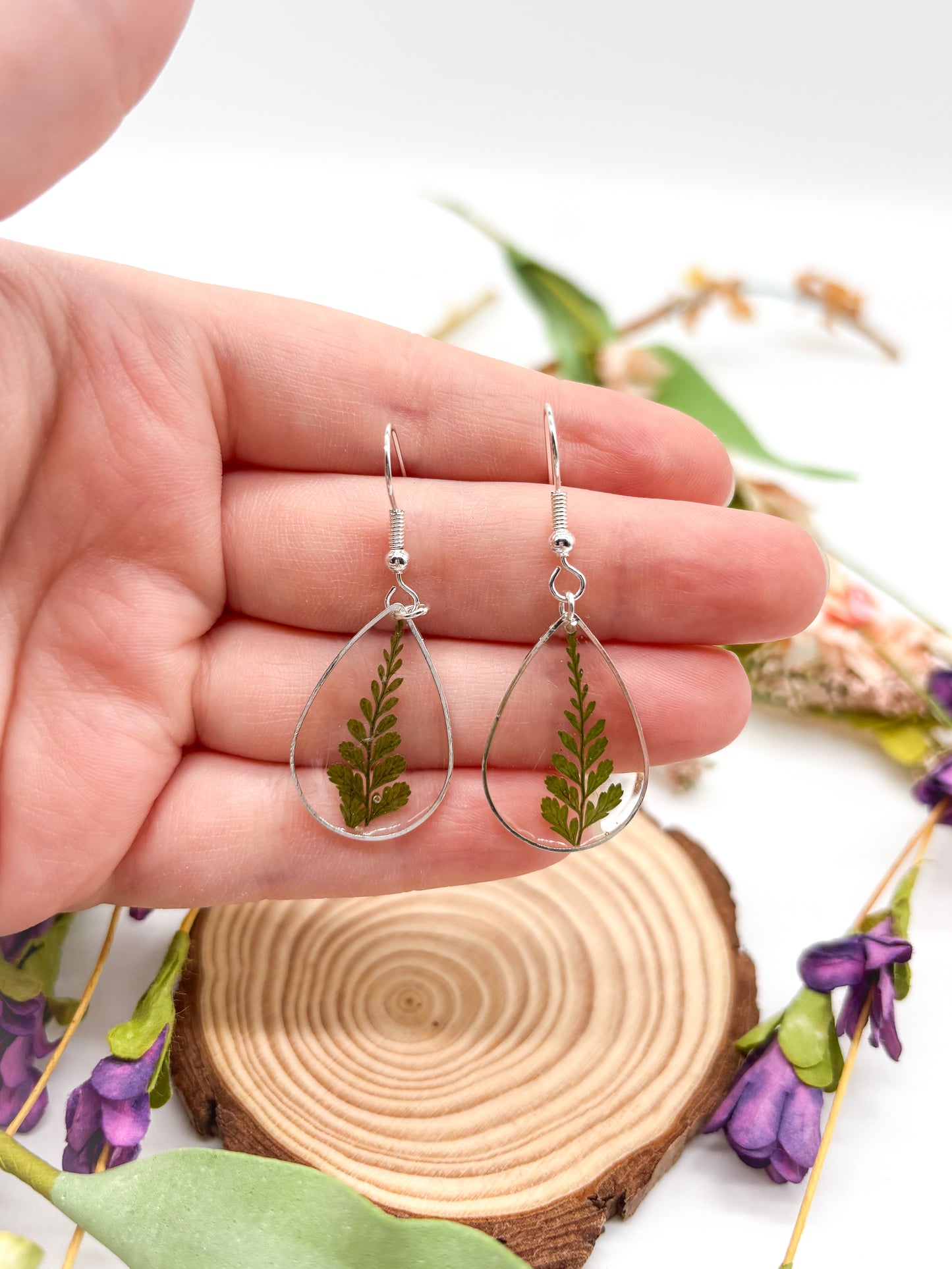 Teardrop dangle earrings with ferns in gold or silver