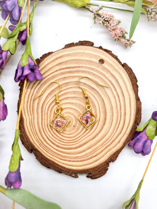 Gold tiny diamond shaped dangles with colorful pressed flowers