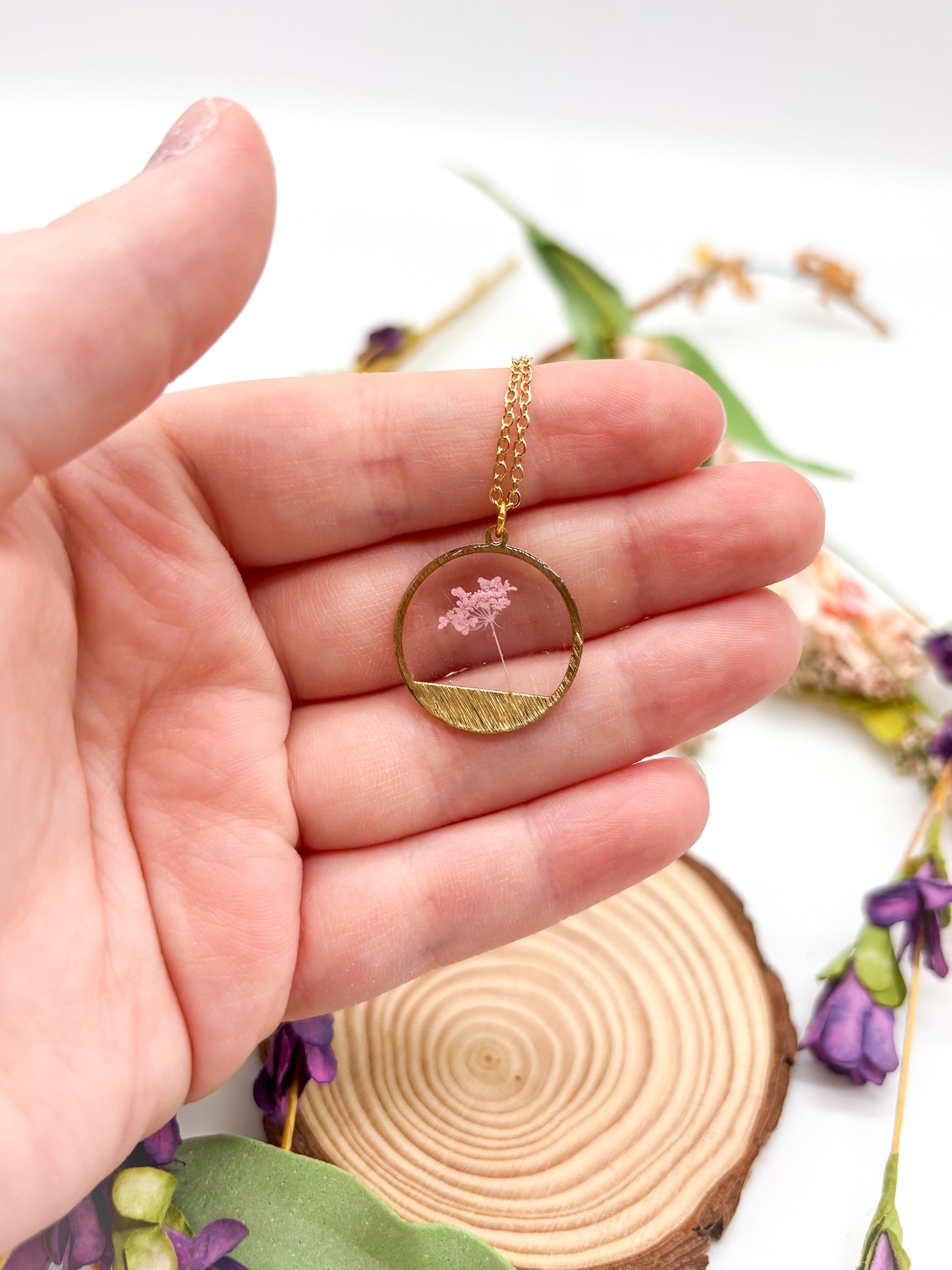 Gold Necklace with Pressed Flower Tree
