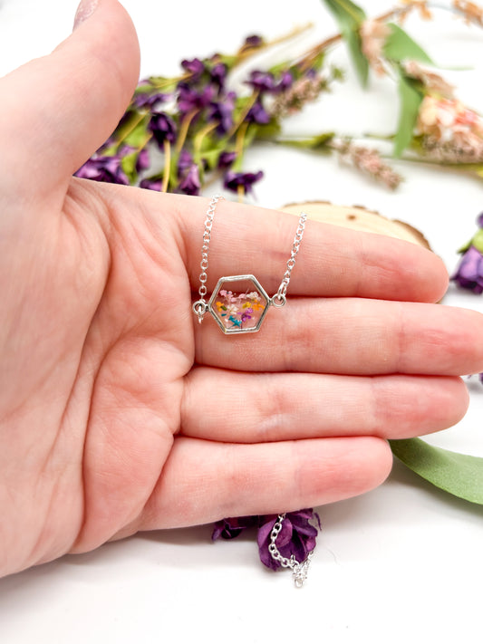 Tiny hexagon necklace with multi color flowers in gold or silver