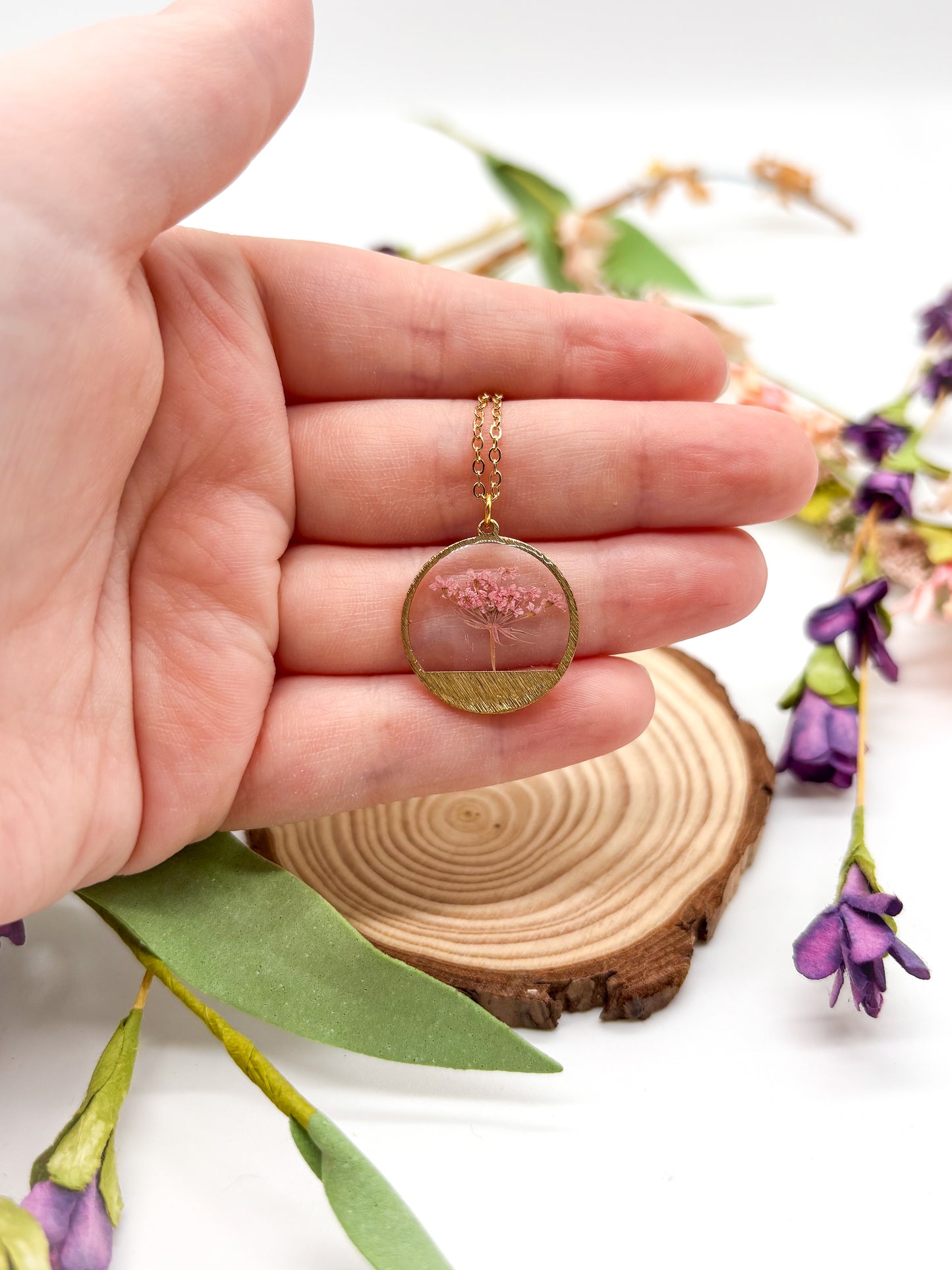 Gold Necklace with Pressed Flower Tree