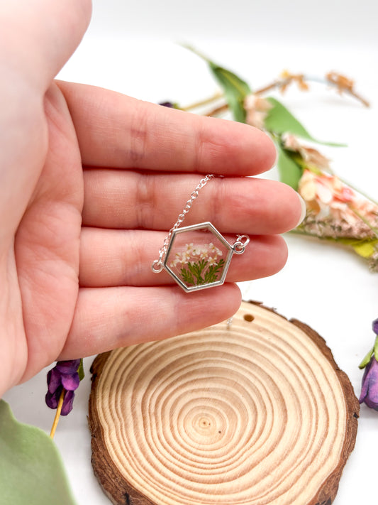 Hexagon necklace with flowers and greenery in gold or silver plated
