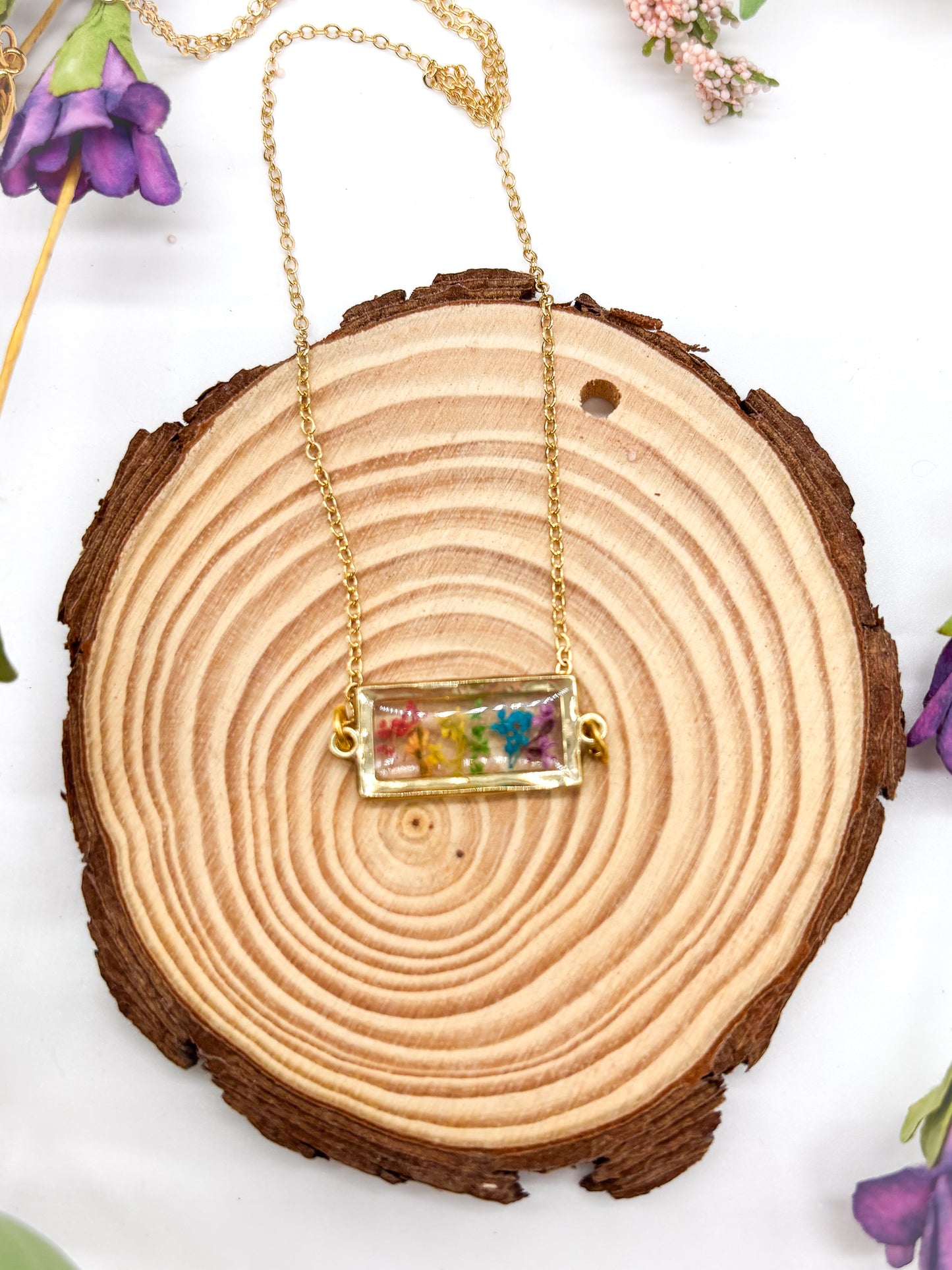 Gold plated rainbow flowers horizontal bar necklace