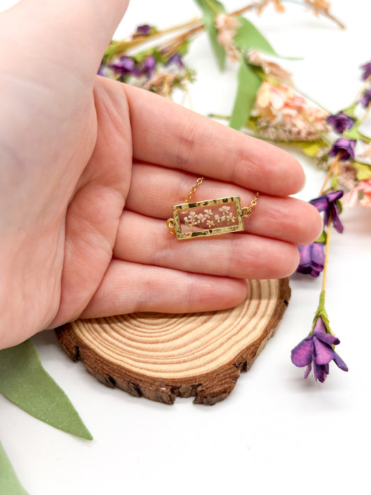 Rectangle Necklace with Tiny Pressed Flowers