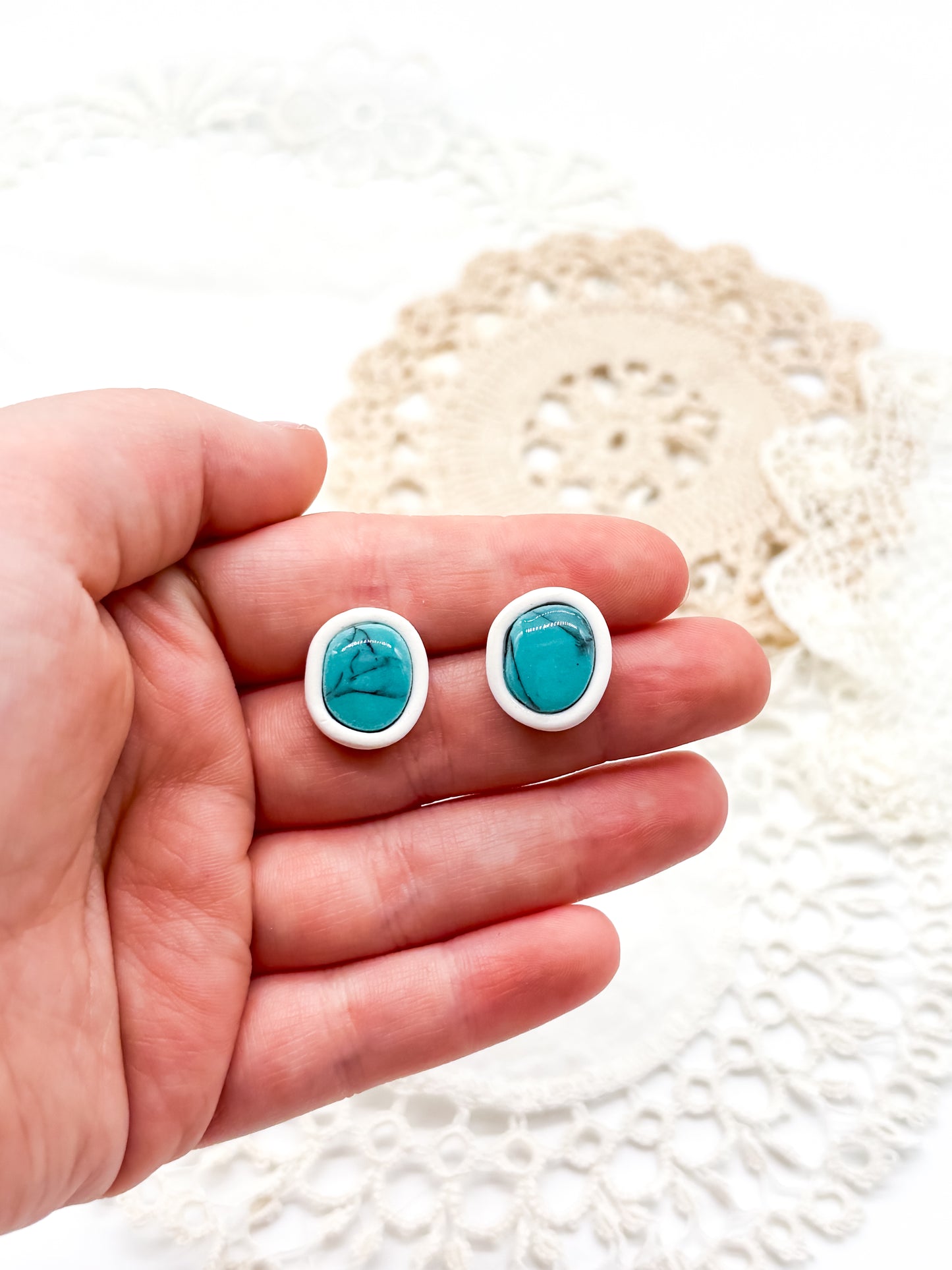 Turquoise studs in white clay bezel