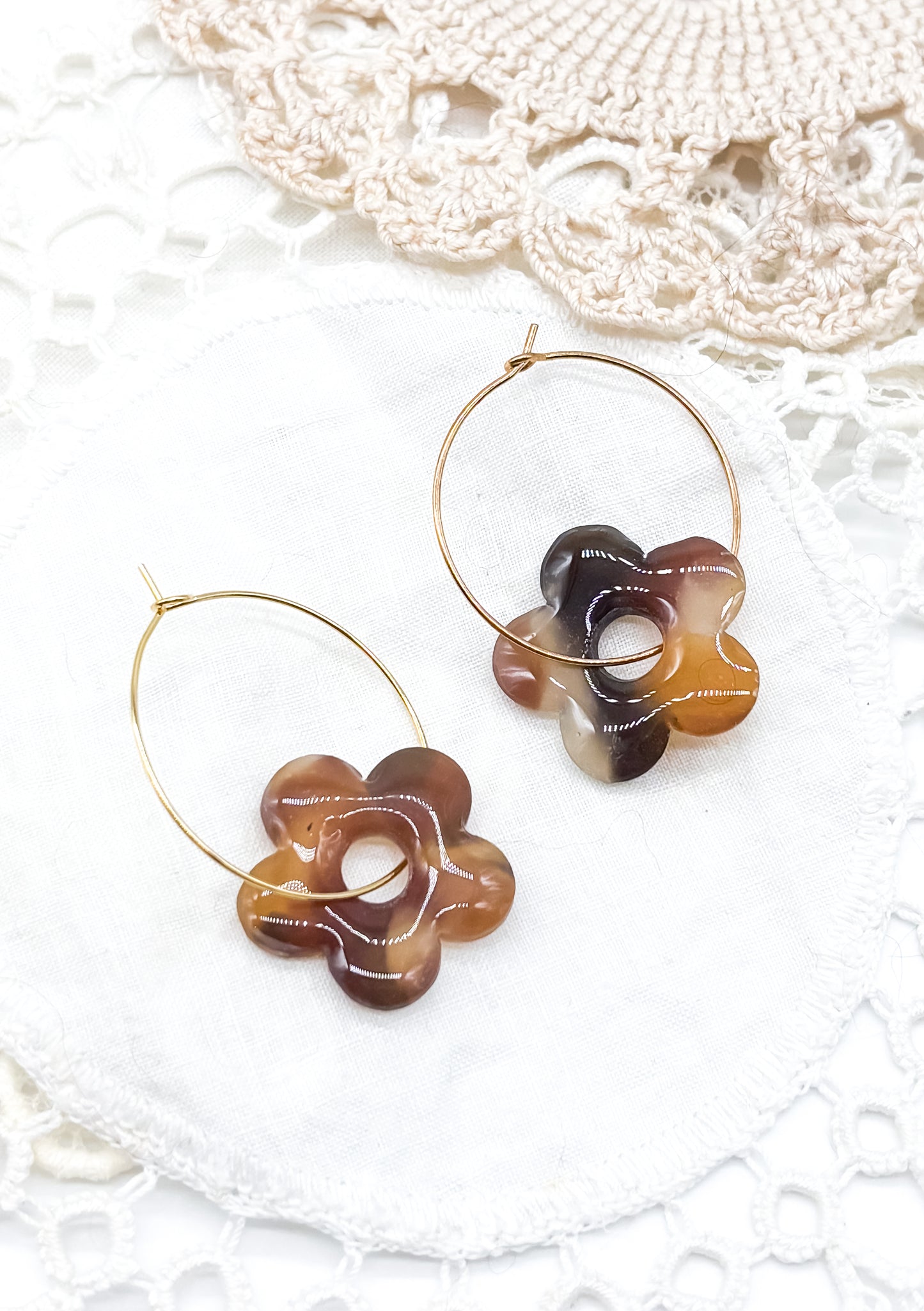 Tortoise shell flower hoops
