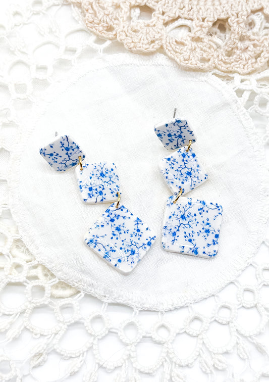 Tiny blue print 3 square dangles