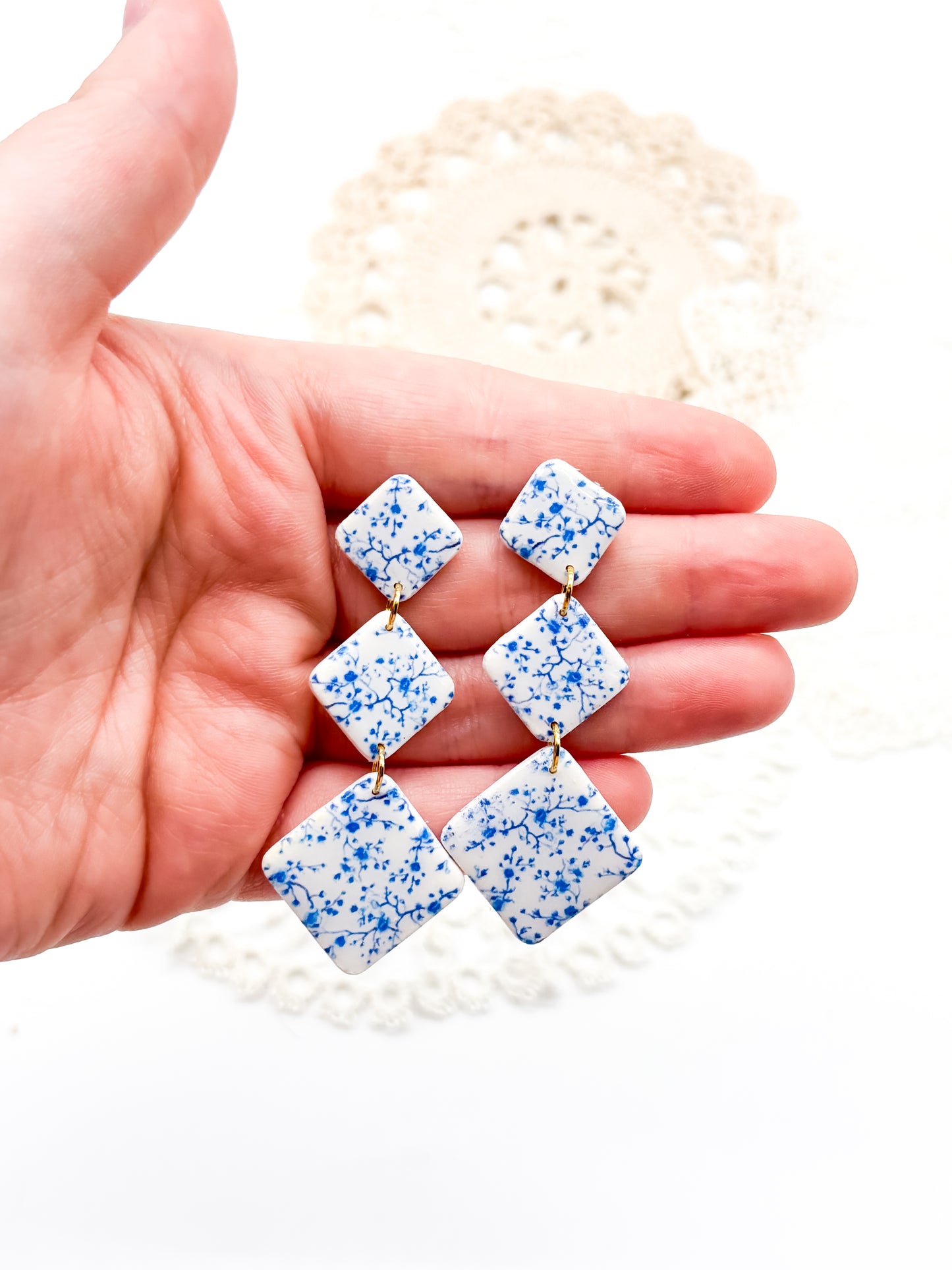 Tiny blue print 3 square dangles
