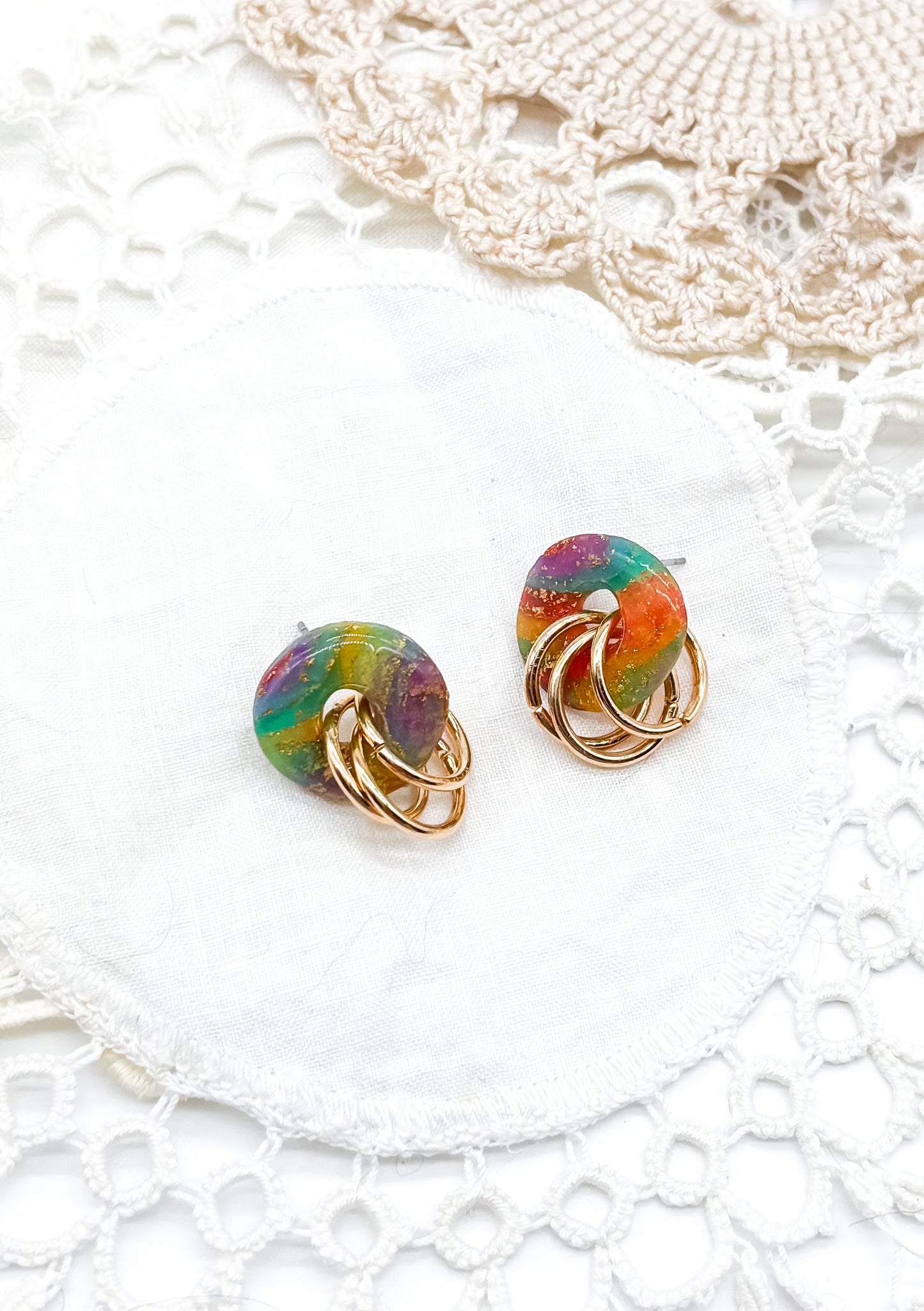 Rainbow studs with gold rings