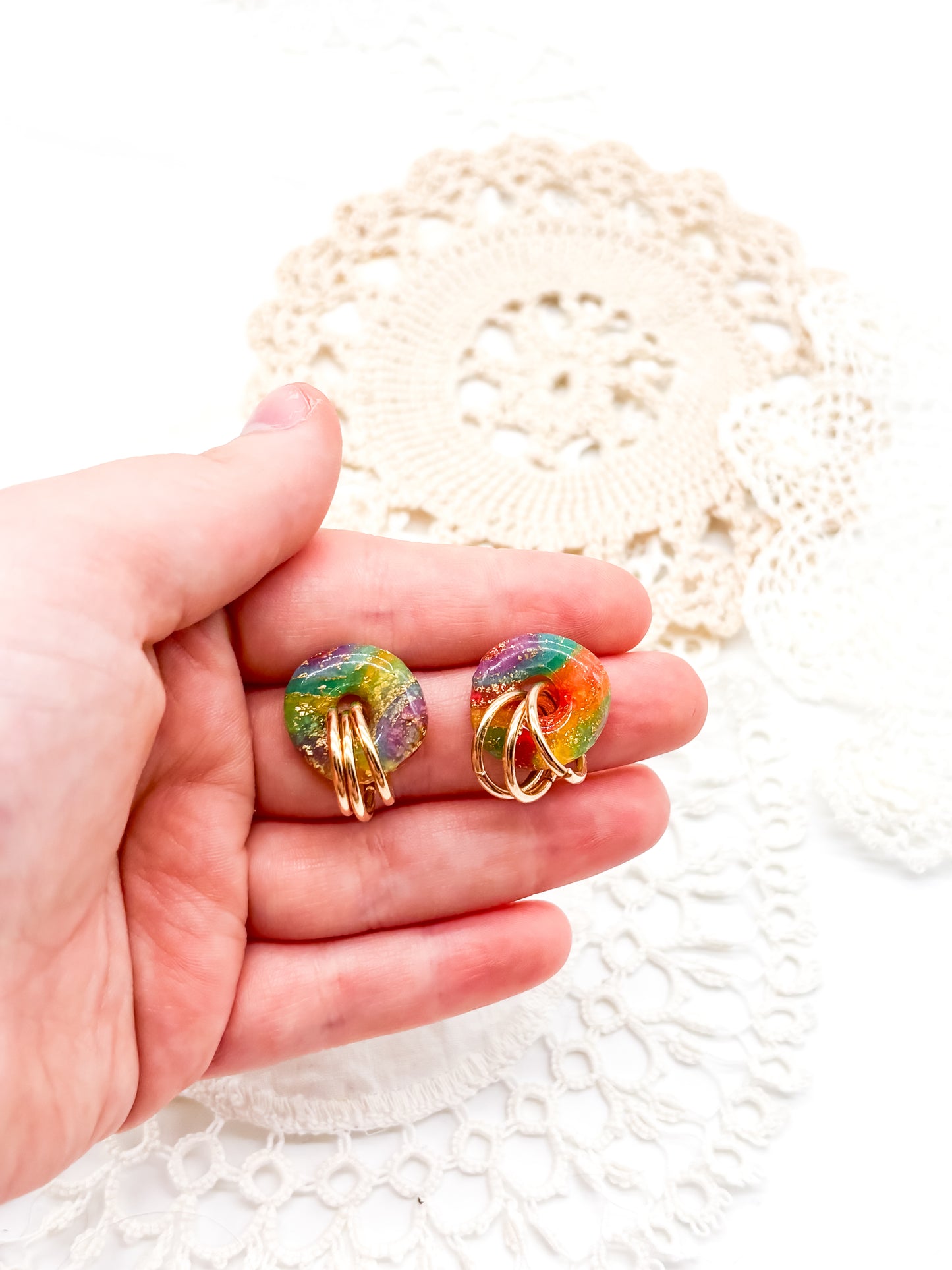 Rainbow studs with gold rings