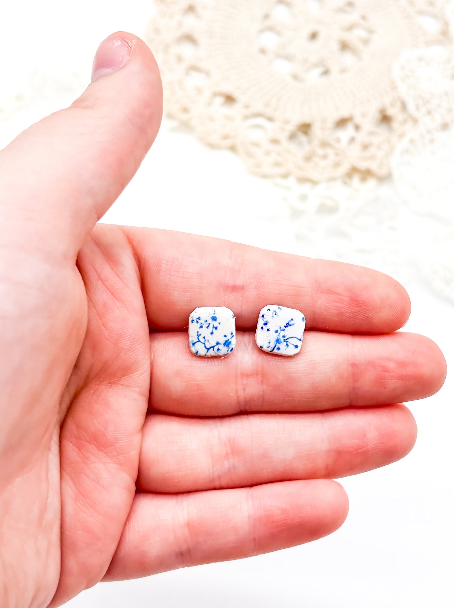 Tiny blue flower print studs in 3 options