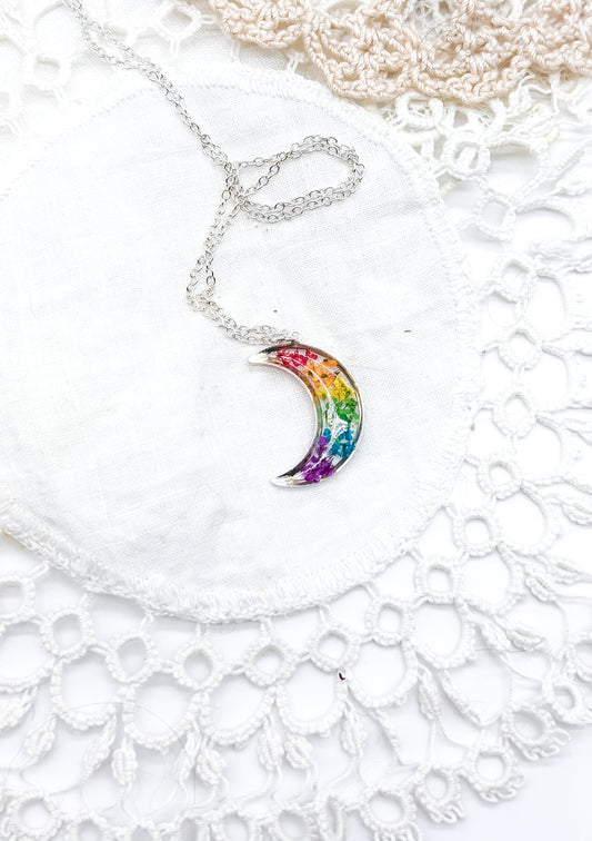 Silver Rainbow flowers in moon necklace or earrings